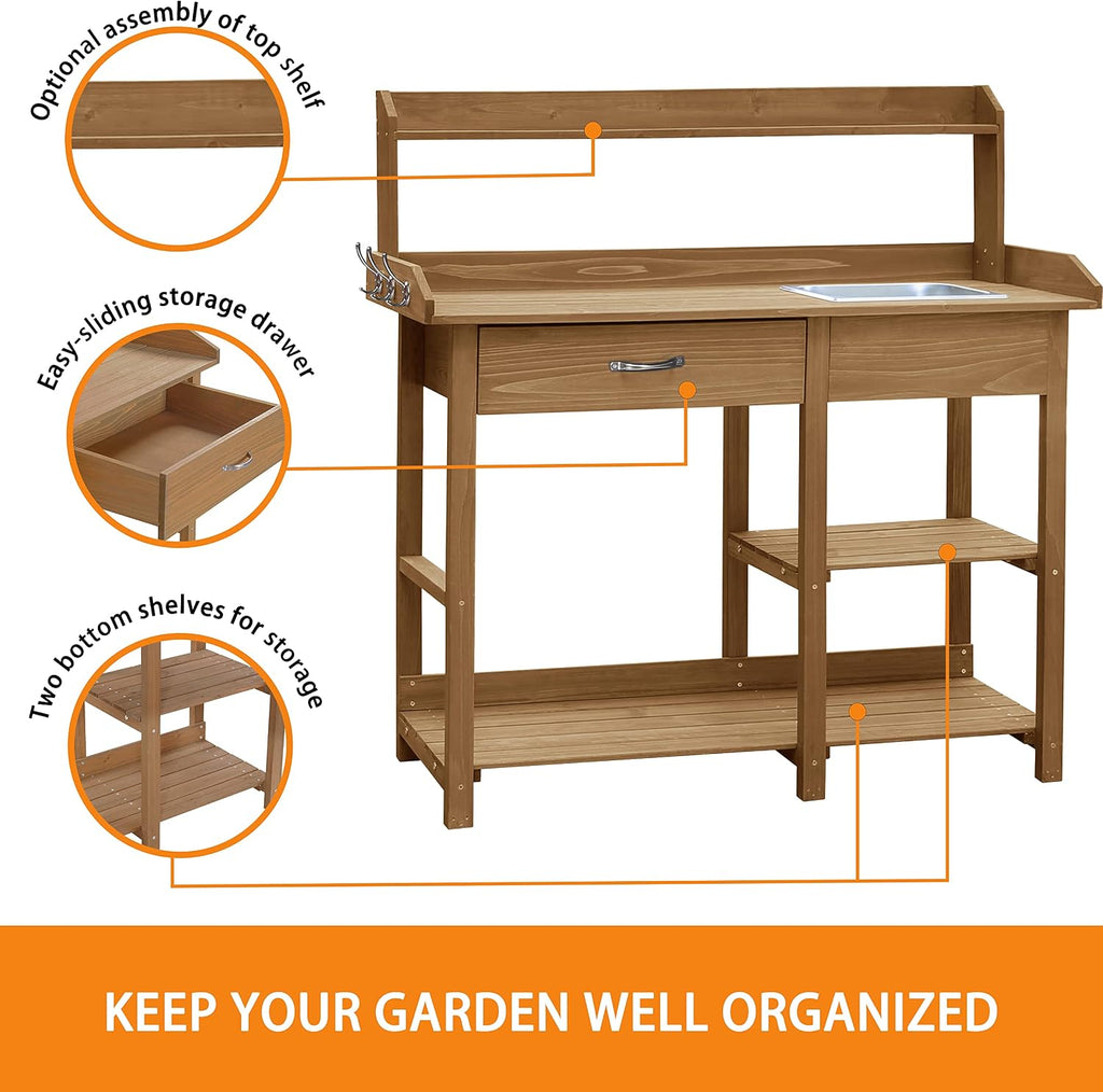 MUPATER Potting Bench Garden Table for Outdoors with Removable Stainless Sink, Planting Work Bench with Storage Shelves and Drawer, Natural Wood