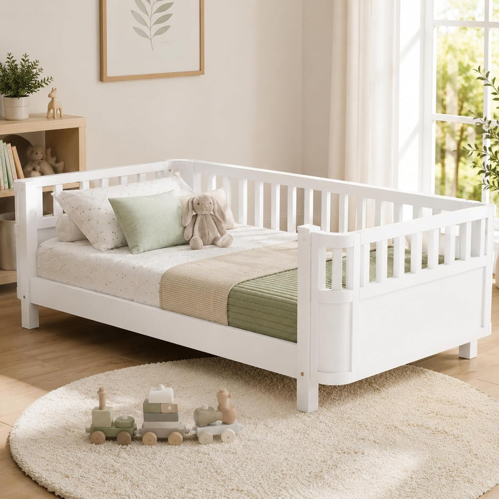 Twin Size Kids Bed Frame, Low Profile Montessori Twin Bed with Rails, Wood Daybed for Girls & Boys, No Spring Box Required, No Squeaks, White