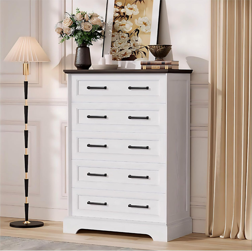 Furmax Farmhouse Dresser for Bedroom, 5 Drawers Dresser, Wood Chest of Drawers, 31.5' Wide Storage Dressers Organizer for Bedroom, Living Room (White and Brown)