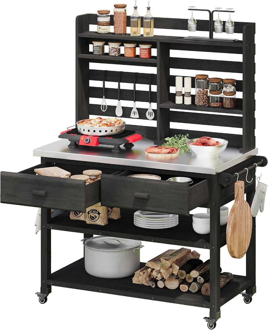 Fir Wood Potting Bench with Hutch, Garden Workstation for Planting, Wood Outdoor Kitchen Island with Drawers, Stainless Steel Top, Towel Rack,Outdoor Storage for Grilling, 47.5'' Countertop, Black
