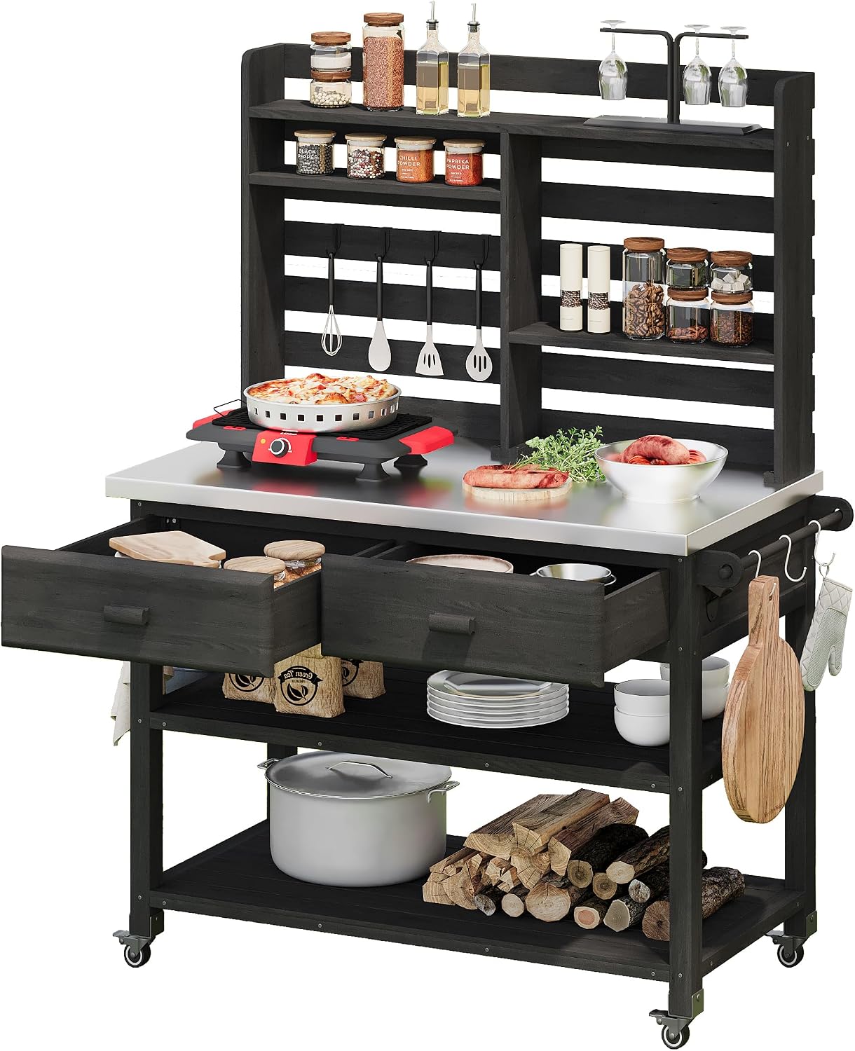 Outdoor Potting Bench Table with Stainless Steel Top and Lockable Wheels, Patio Workstation with Drawers, Upper Hutch and Towel Rack for Lawn, Garden (Black, 64.9' H)