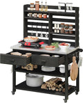 SOFTSEA Outdoor Grill Cart with Stainless Steel Top, Potting Table & Storage Cabinet with Upper Hutch and Towel Rack, 64.9' H Solid Wood Kitchen Island with Lockable Wheels, Black