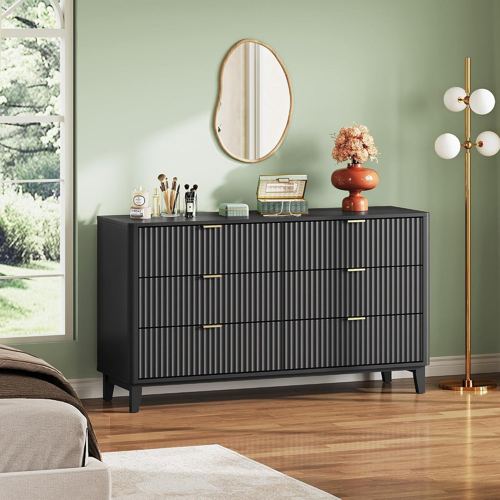 WLIVE Fluted Dresser for Bedroom with 6 Drawers, 54' Wide Wood Dresser with Golden Metal Handles, TV Stand for 65 inch TV, Mid Century Modern Chest of Drawers for Living Room, Hallway, Closet, Black