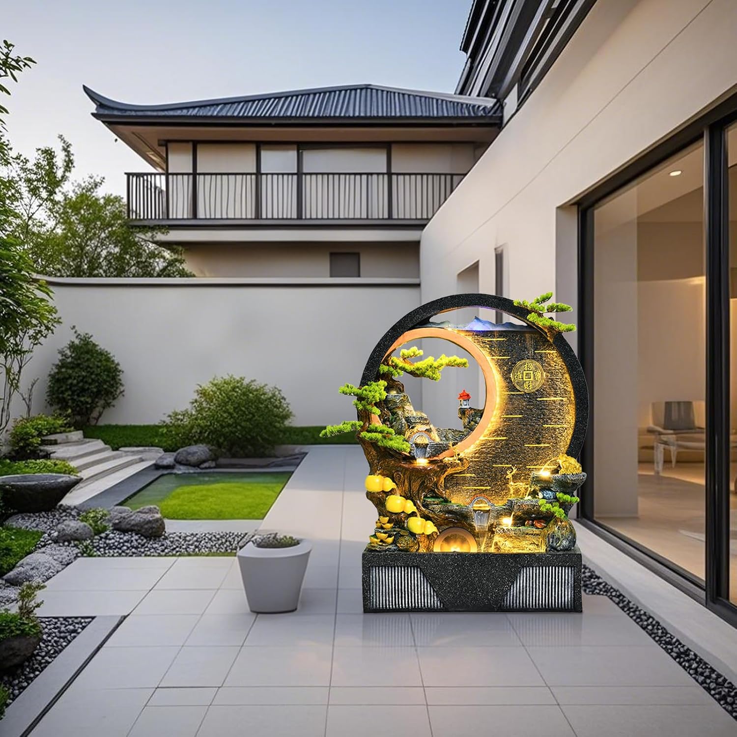 Indoor Outdoor Resin Fountain with LED Light Ring – Round Landscape Waterfall Feature with Pump, Bonsai & Gourd Decor – 6.07ft Tall Large Decorative Water Sculpture(A Small)