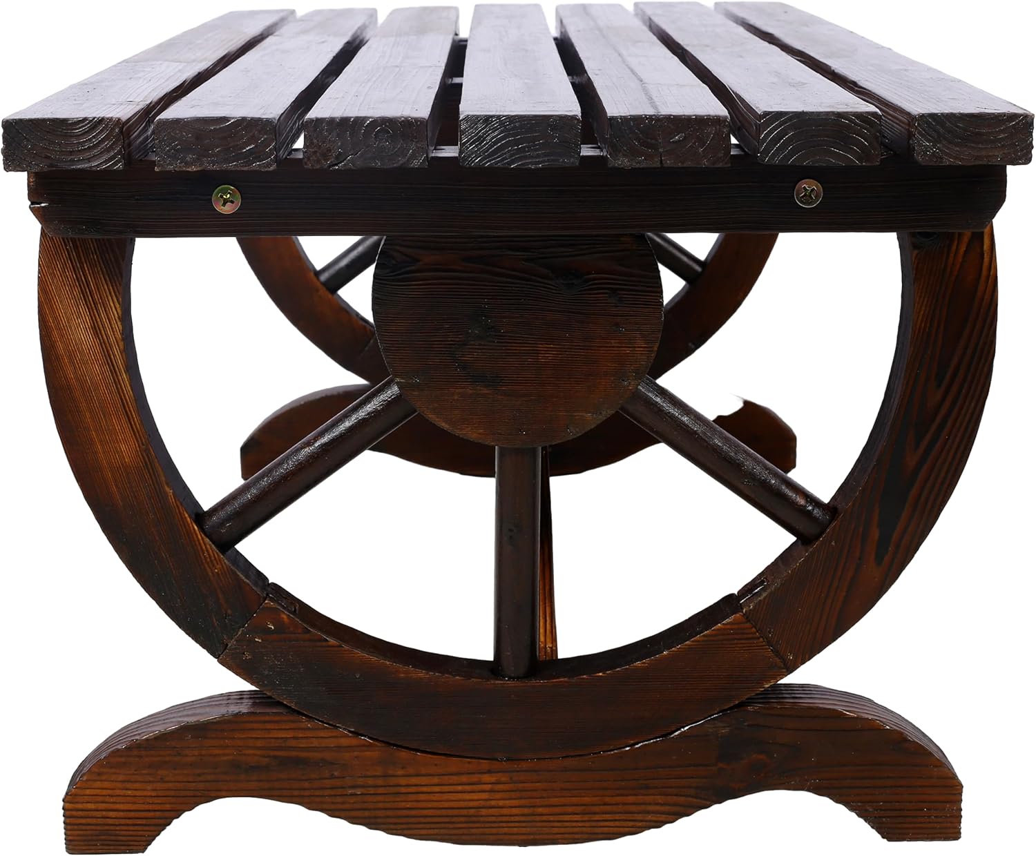 2 People Modern Outdoor Rustic Wooden Bench with Wagon Wheel Legs, Brown Garden Chair Front Porch Furniture, for Park, Yard, Lawn