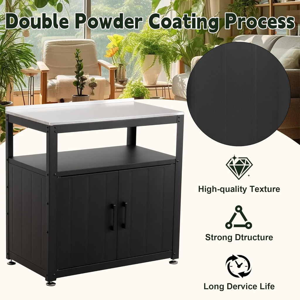 Feasto Heavy-Duty Potting Bench with Storage & Stainless Steel Top | Outdoor Garden Work Table with 200lb Capacity, Adjustable Shelf & Feet, Black