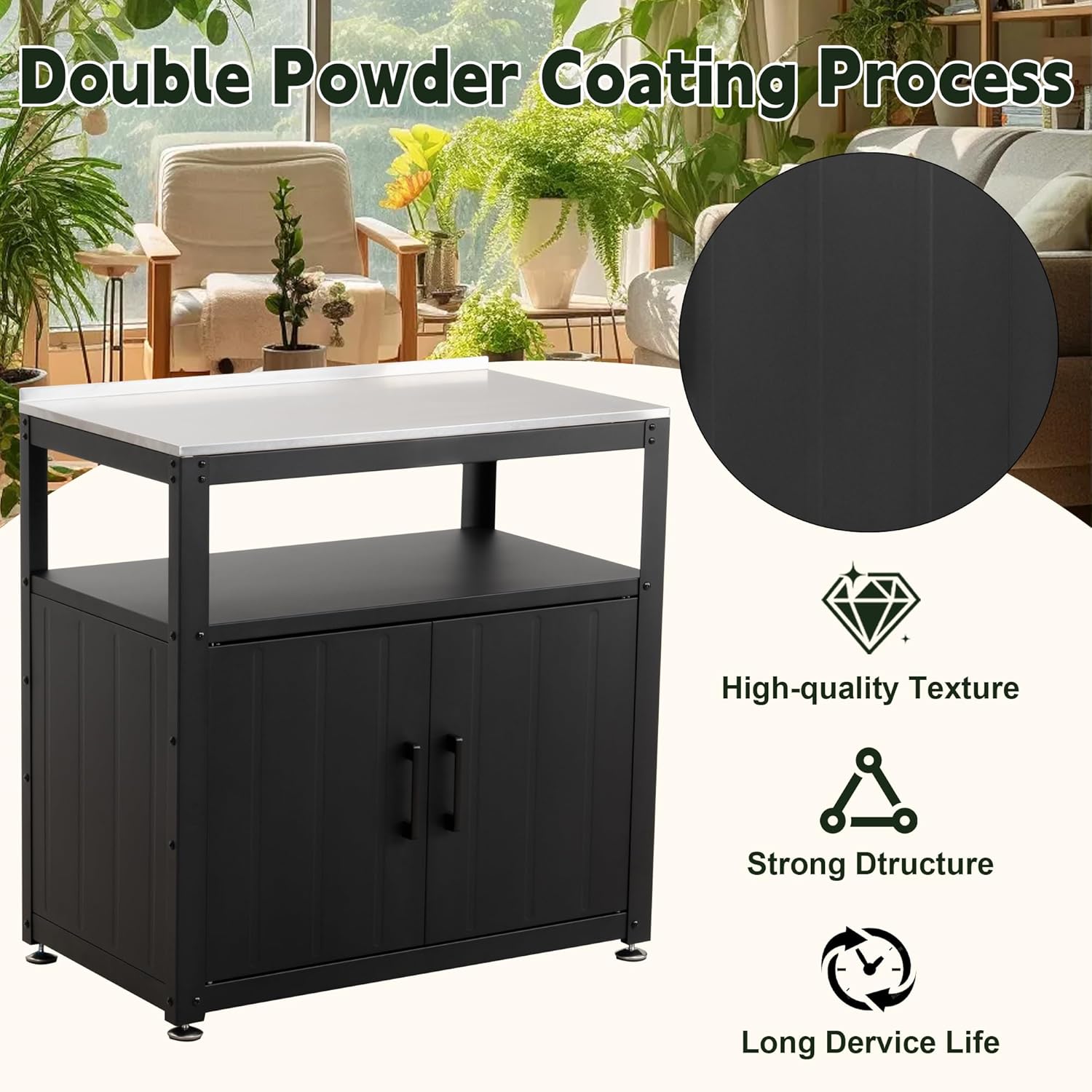 Feasto Heavy-Duty Potting Bench with Storage & Stainless Steel Top | Outdoor Garden Work Table with 200lb Capacity, Adjustable Shelf & Feet, Black