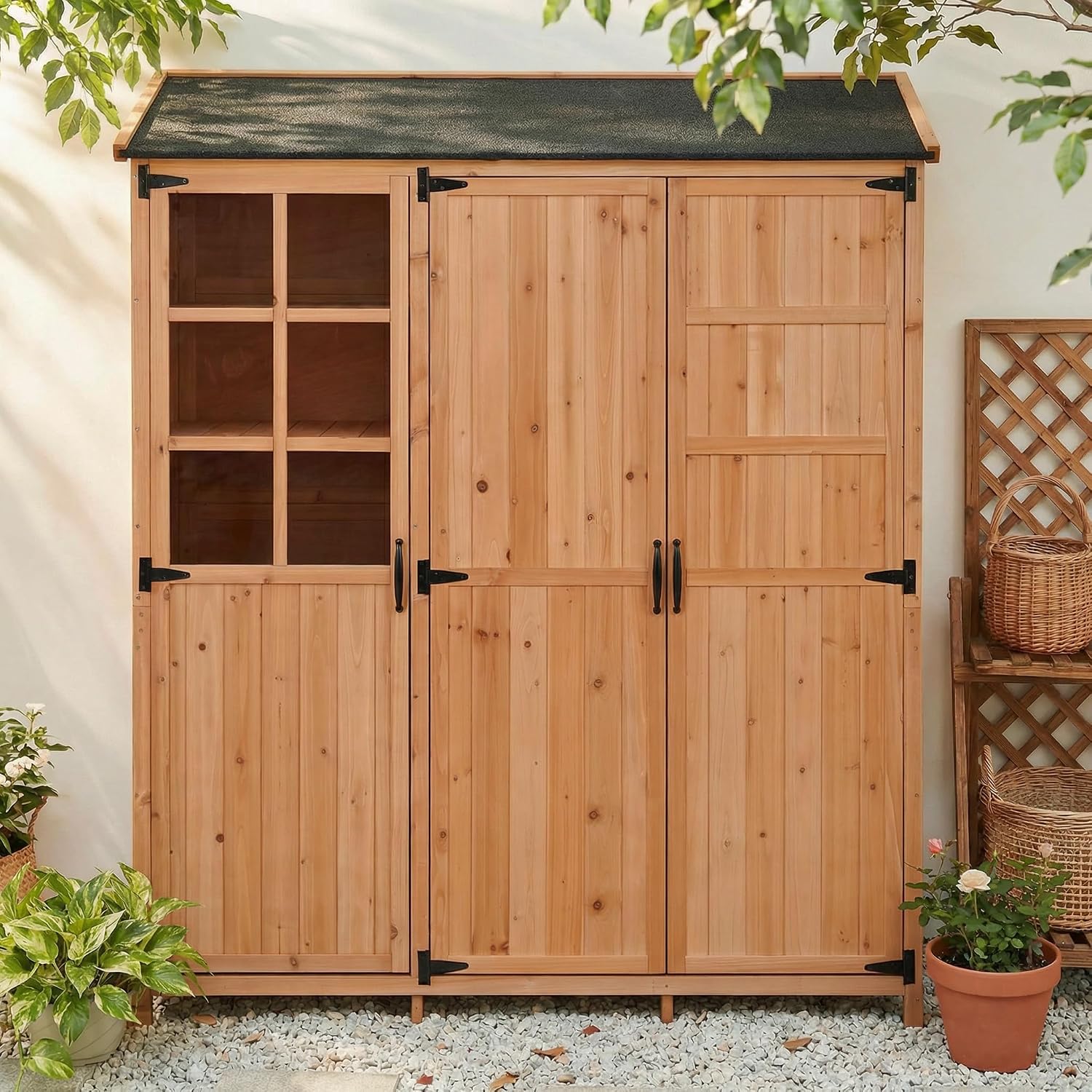 Outdoor Garden Storage Shed with Waterproof Roof, Farmhouse Potting Bench Table with 3 Doors Cabinets, 7 Storage Shelves, 2 Drawers, and 6 Hooks,Natural