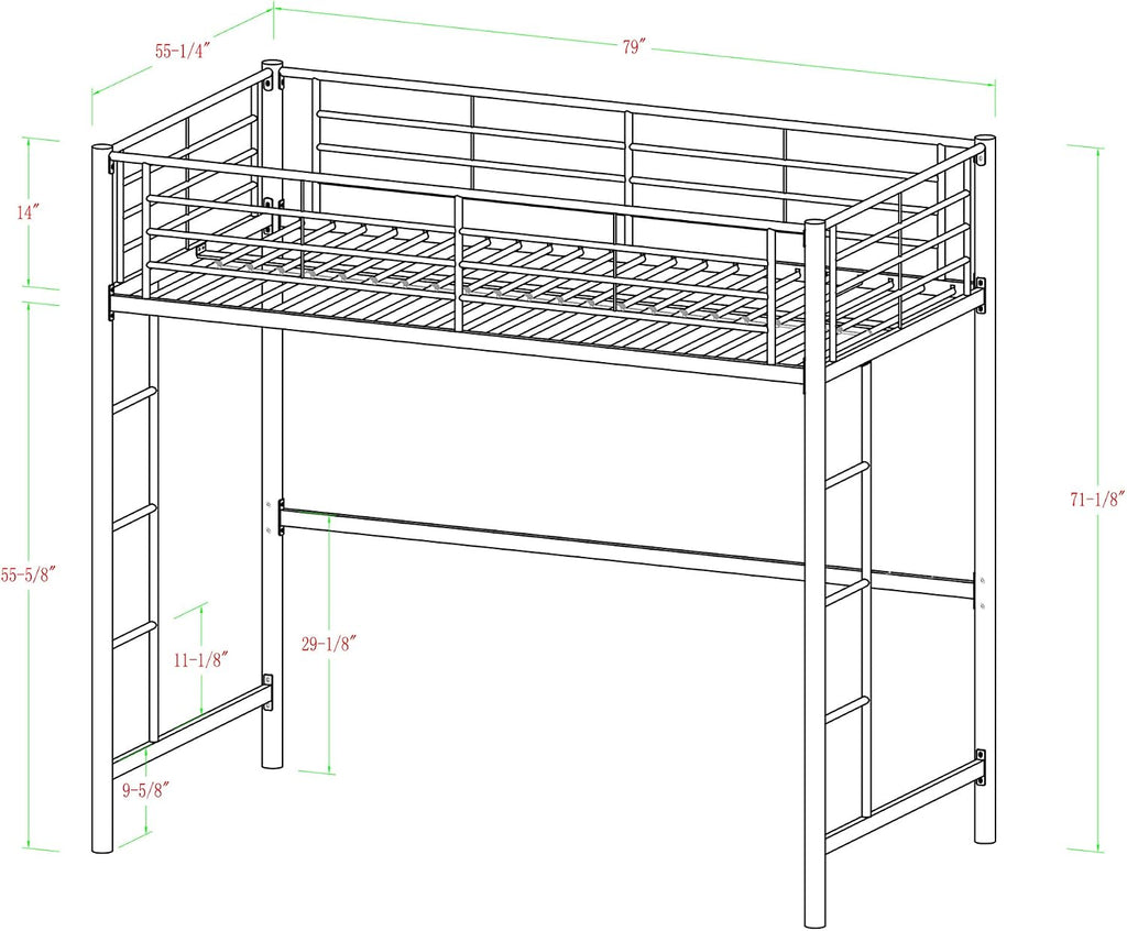 Home Accent Furnishings Full Size Loft Bed-White Metal Finish
