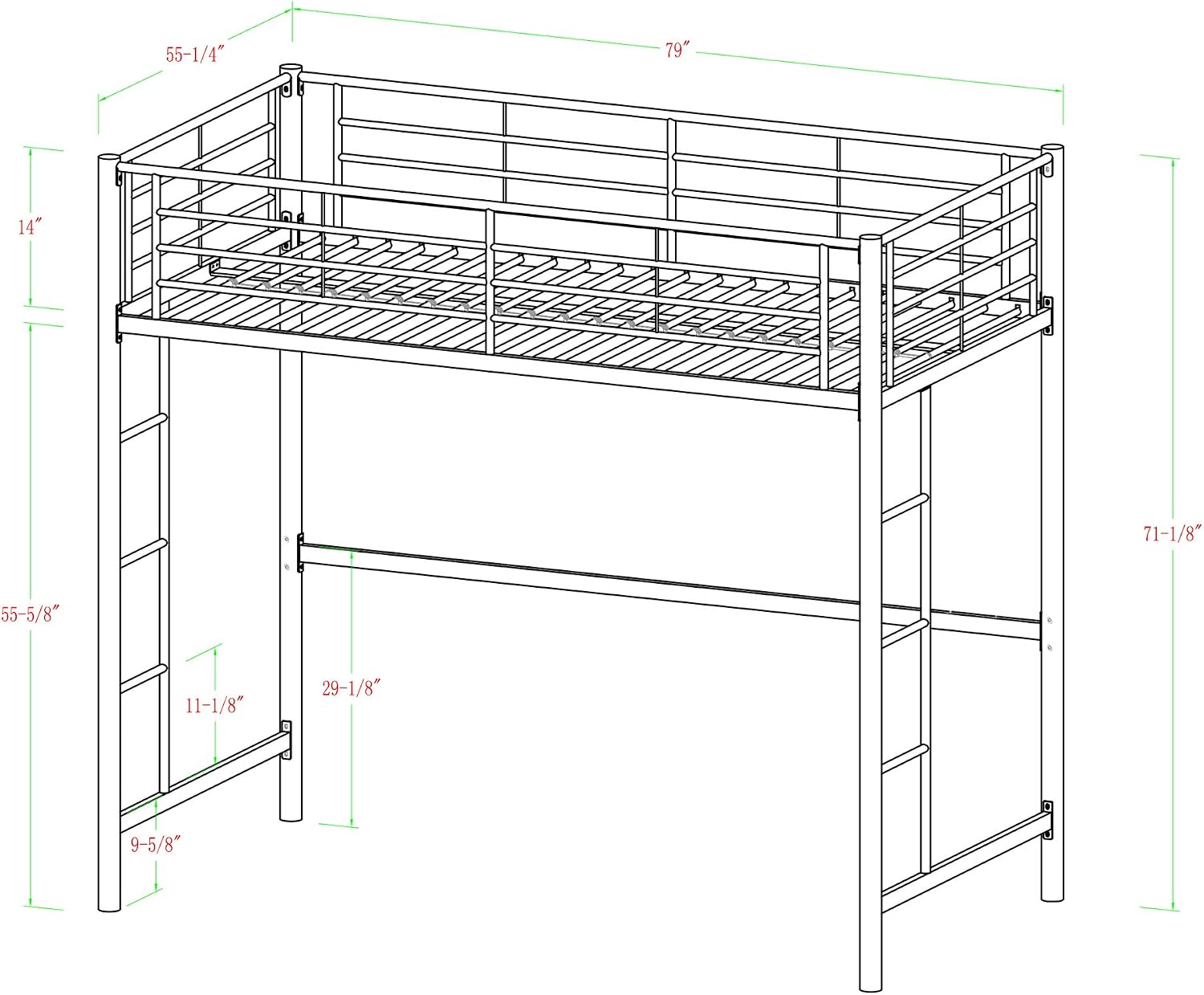 Home Accent Furnishings Full Size Loft Bed-White Metal Finish