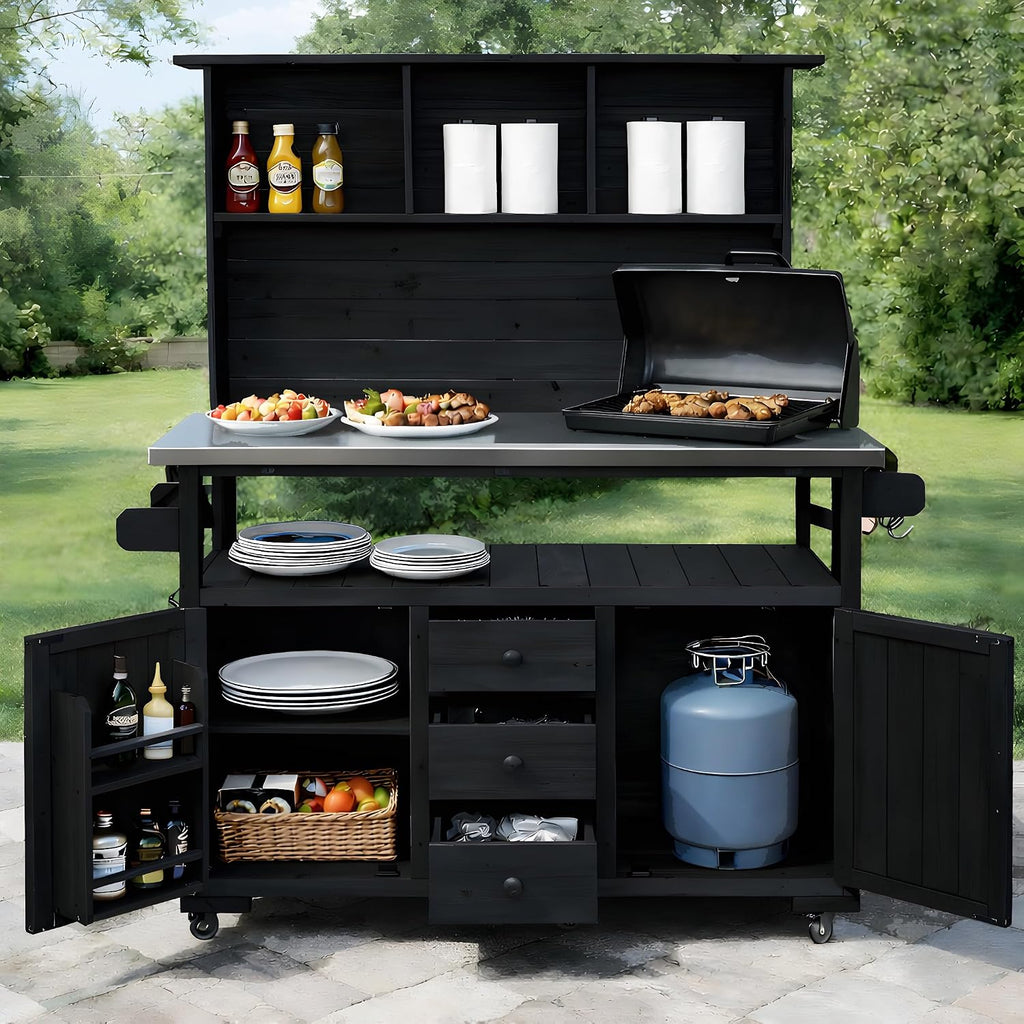 Outdoor Garden Potting Bench, Table Work Bench Metal Tabletop with Potting Bench Table Large Outdoor Kitchen Island Prep Station Cabinet Drawer Open Shelf Natural Wood (Black)
