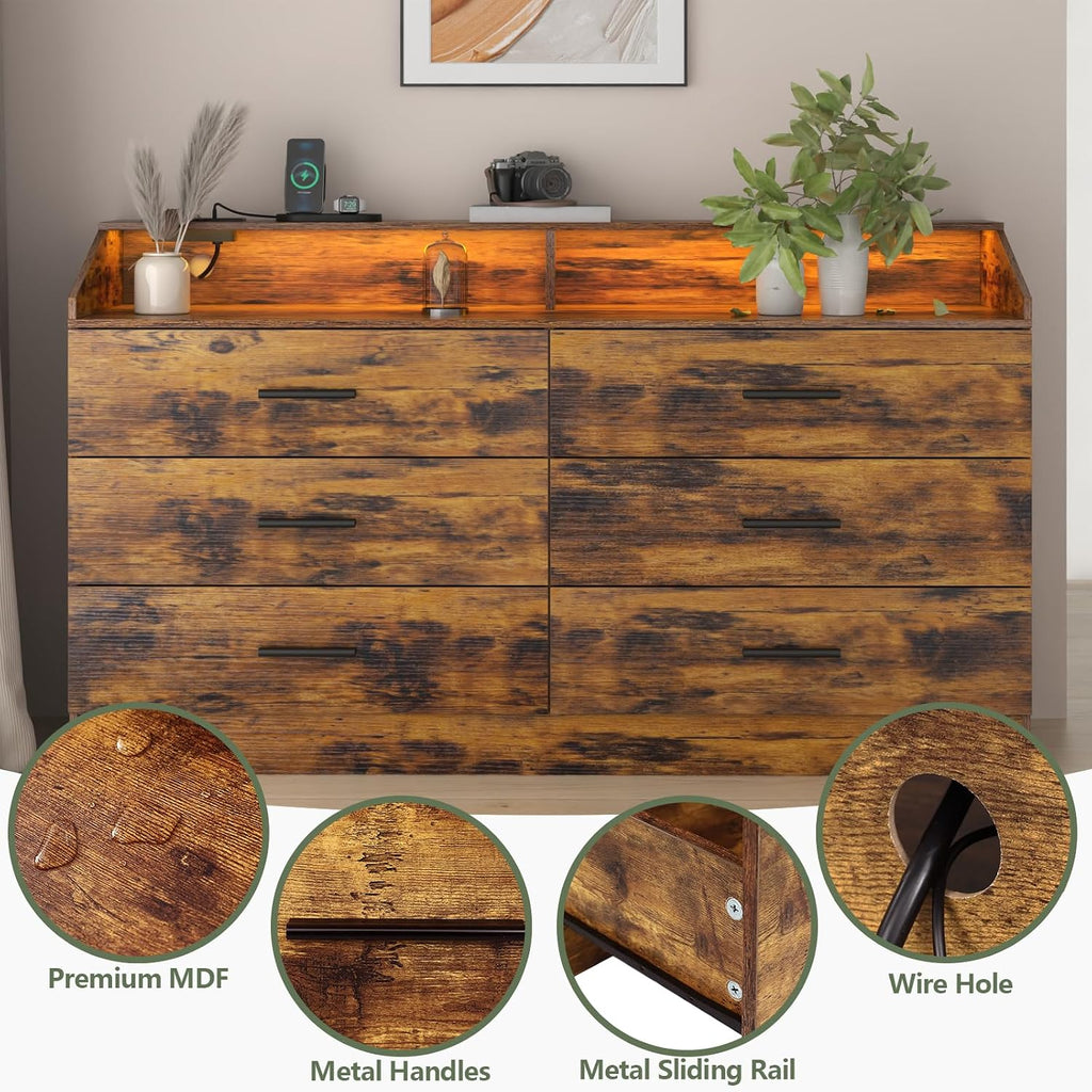 Gyfimoie 6 Drawer Dresser with Power Outlet, Chest of Drawers with LED Light, Modern Dresser with Open Storage Cubby, Double Wide Dressers Organizer for Bedroom, Living Room, Entryway, Hallway