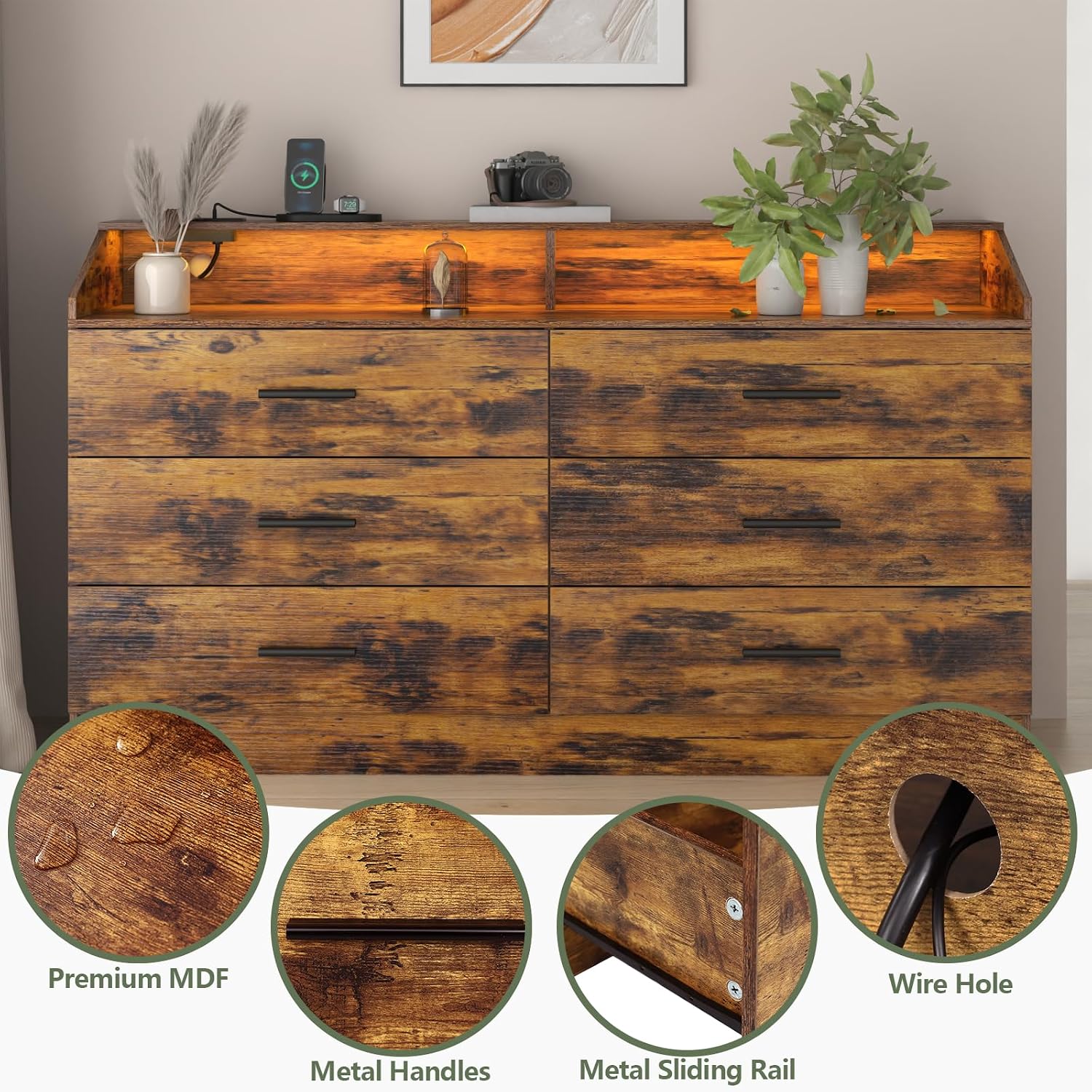 Gyfimoie 6 Drawer Dresser with Power Outlet, Chest of Drawers with LED Light, Modern Dresser with Open Storage Cubby, Double Wide Dressers Organizer for Bedroom, Living Room, Entryway, Hallway