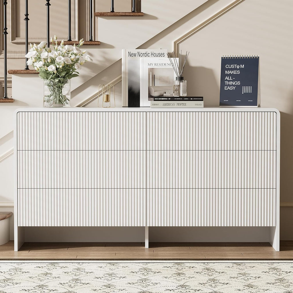 Furniway 55' Wide Modern Dresser for Bedroom, 6 Drawer Chest of Drawers with Curved Design, Push-to-Open Storage Dresser, White