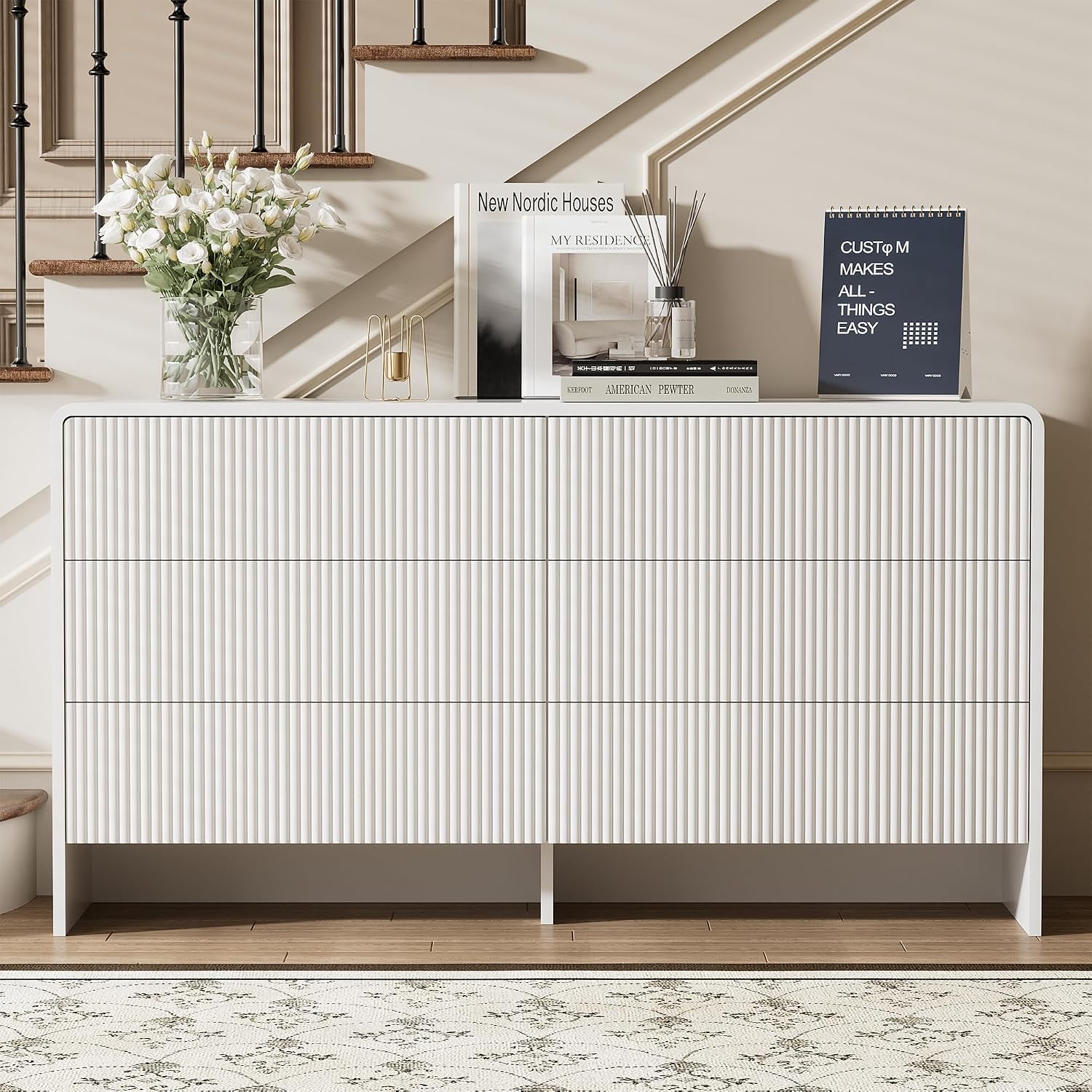 Furniway 55' Wide Modern Dresser for Bedroom, 6 Drawer Chest of Drawers with Curved Design, Push-to-Open Storage Dresser, White