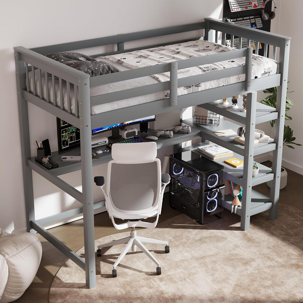 Merax Wood Loft Bed with Desk : Twin Size Loft Bed with 4-Storage Shelves and Under Bed Desk Solid Wood Bed, Grey