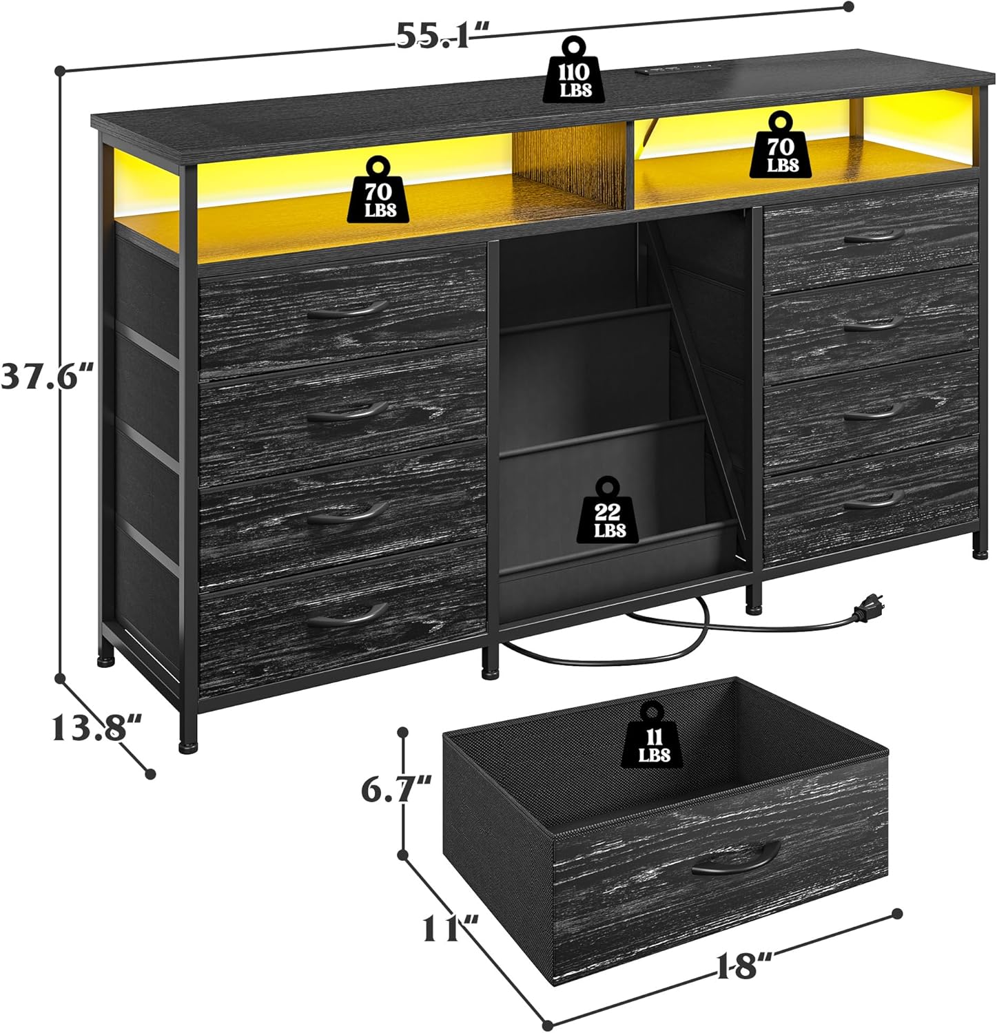 EnHomee 55 ' W Dresser for Bedroom with Bookrack & 8 Fabric Drawers, Dresser TV Stand with Power Outlet & LED Lights for 65 Inch TV, Chest of Drawers for Cabinet, Entryway, Charcoal Black