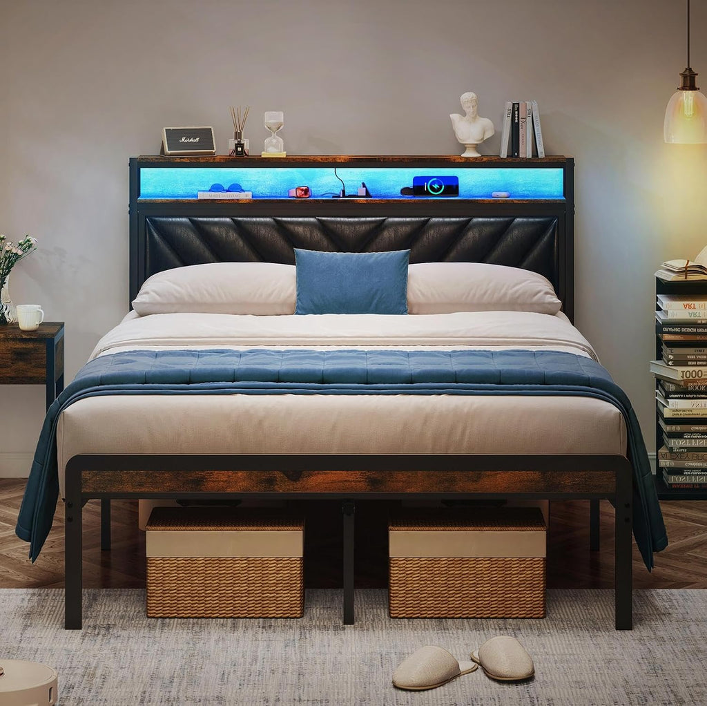 Bellemave Full Size Bed Frame with Charging, Full Bed Frame with Headboard and Charging Station, Brown Platform BedFrame with Led Lightstation, No Box Spring Needed, (Full, Black and Brown)
