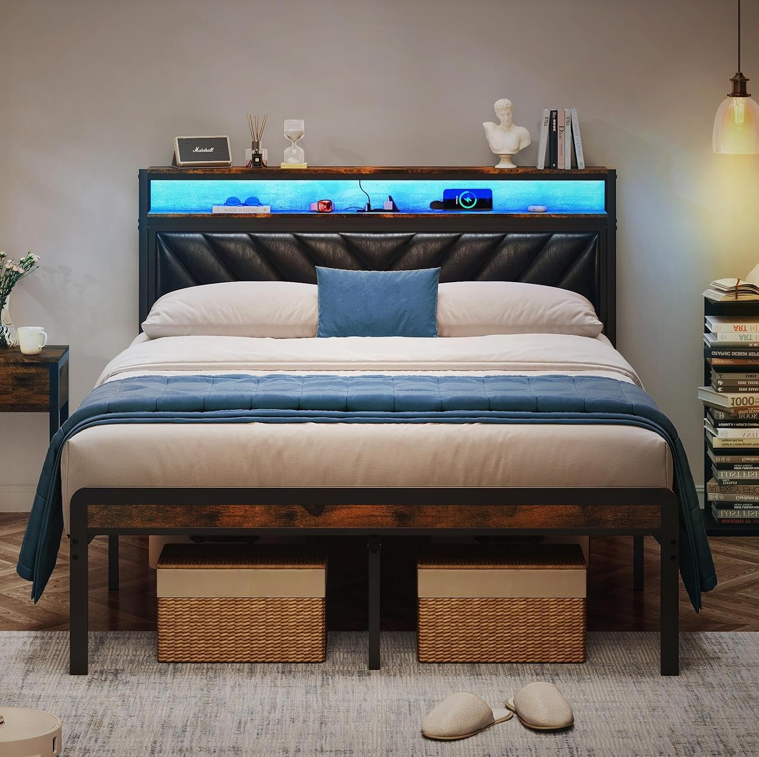 Bellemave Full Size Bed Frame with Charging, Full Bed Frame with Headboard and Charging Station, Brown Platform BedFrame with Led Lightstation, No Box Spring Needed, (Full, Black and Brown)