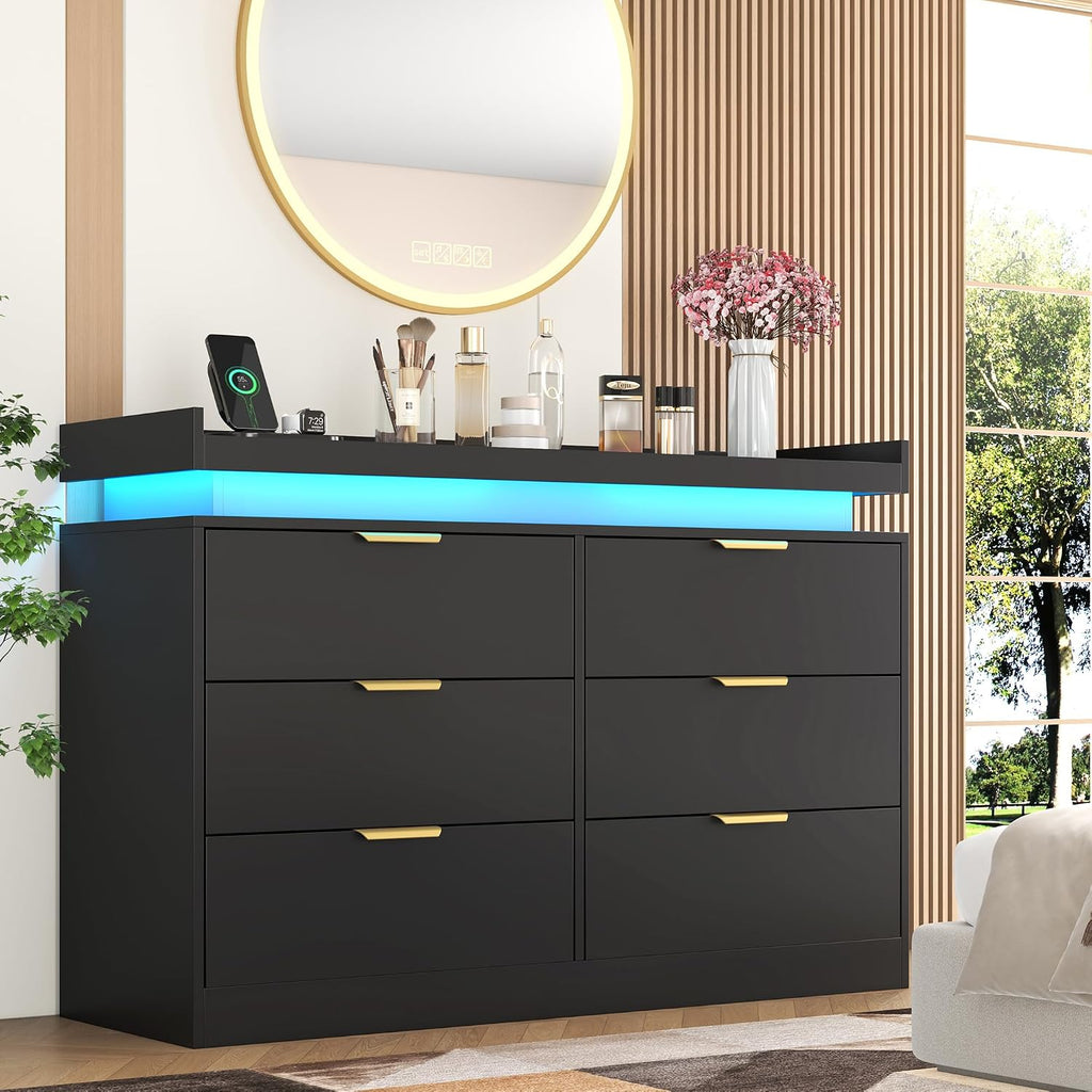 6 Drawer Dresser for Bedroom, Black Dresser with LED Lights and Power Outlet, Modern Chest of Drawers for Closet, Double Wide Drawer Organizer Cabinet for Bedroom, Living Room, Entryway, Hallway