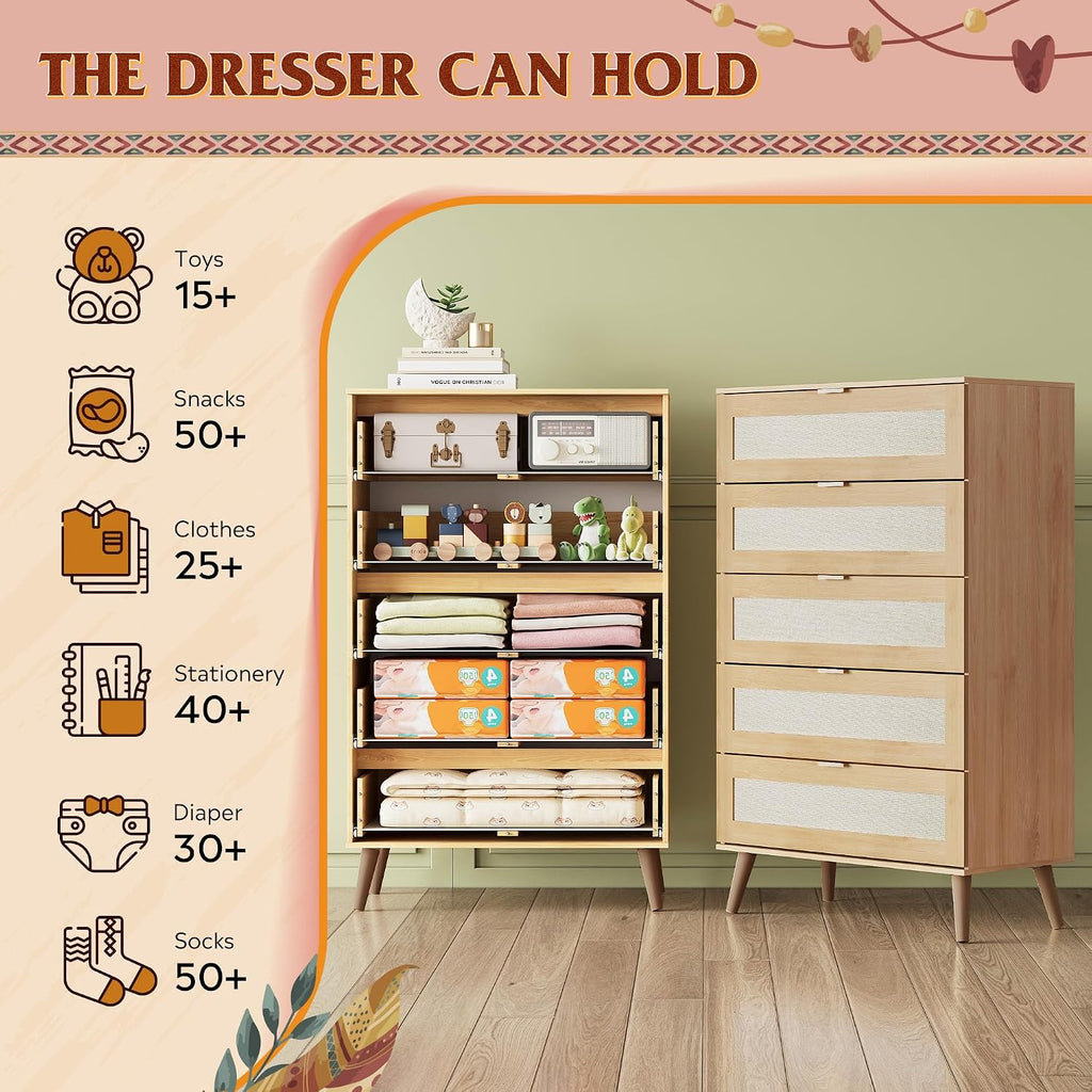 WLIVE Rattan Dresser for Bedroom, 50' Tall 5 Drawer Wooden Chest of Drawers, Boho Dresser Closet Storage Organizer for Living Room, Hallway, Light Oak