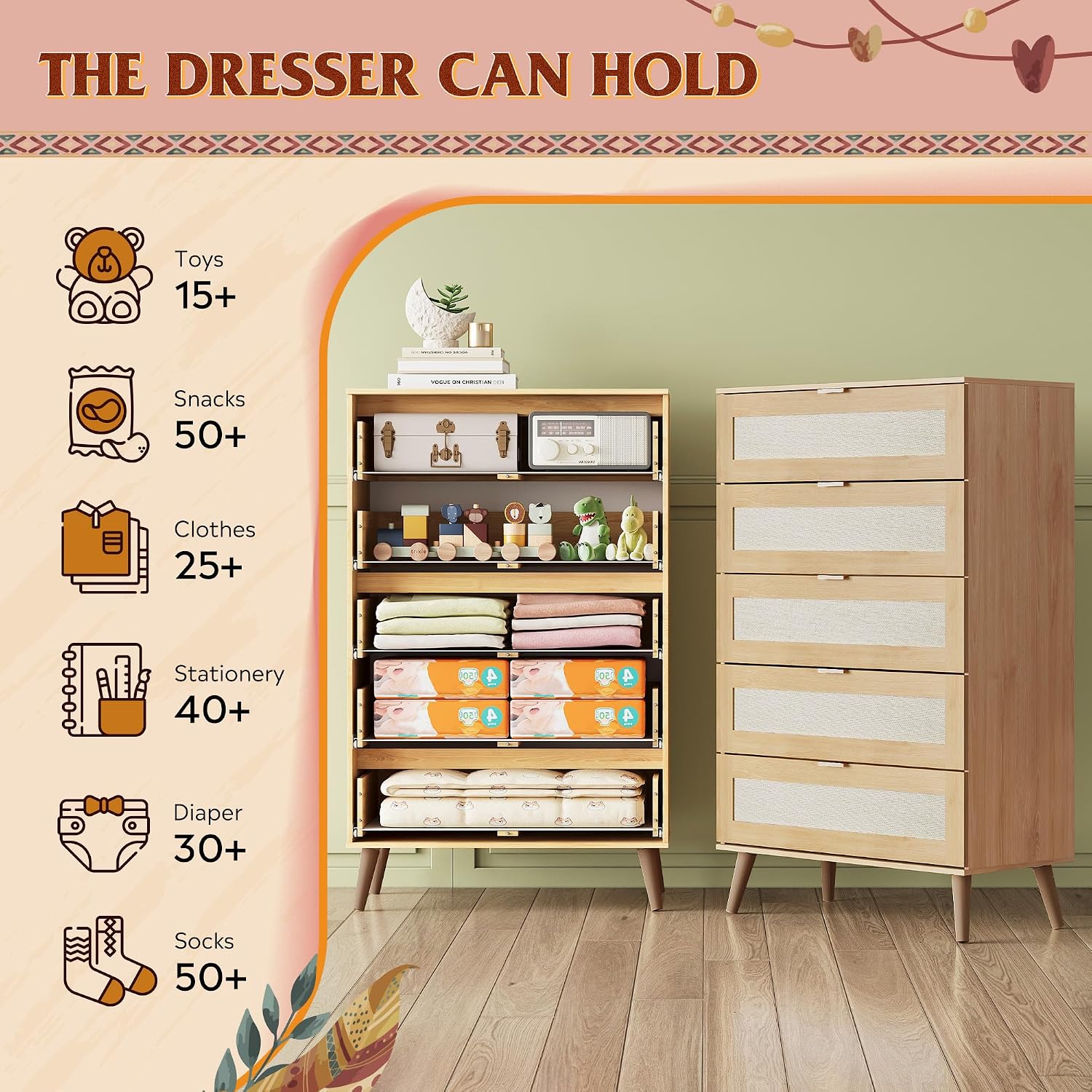 WLIVE Rattan Dresser for Bedroom, 50' Tall 5 Drawer Wooden Chest of Drawers, Boho Dresser Closet Storage Organizer for Living Room, Hallway, Light Oak