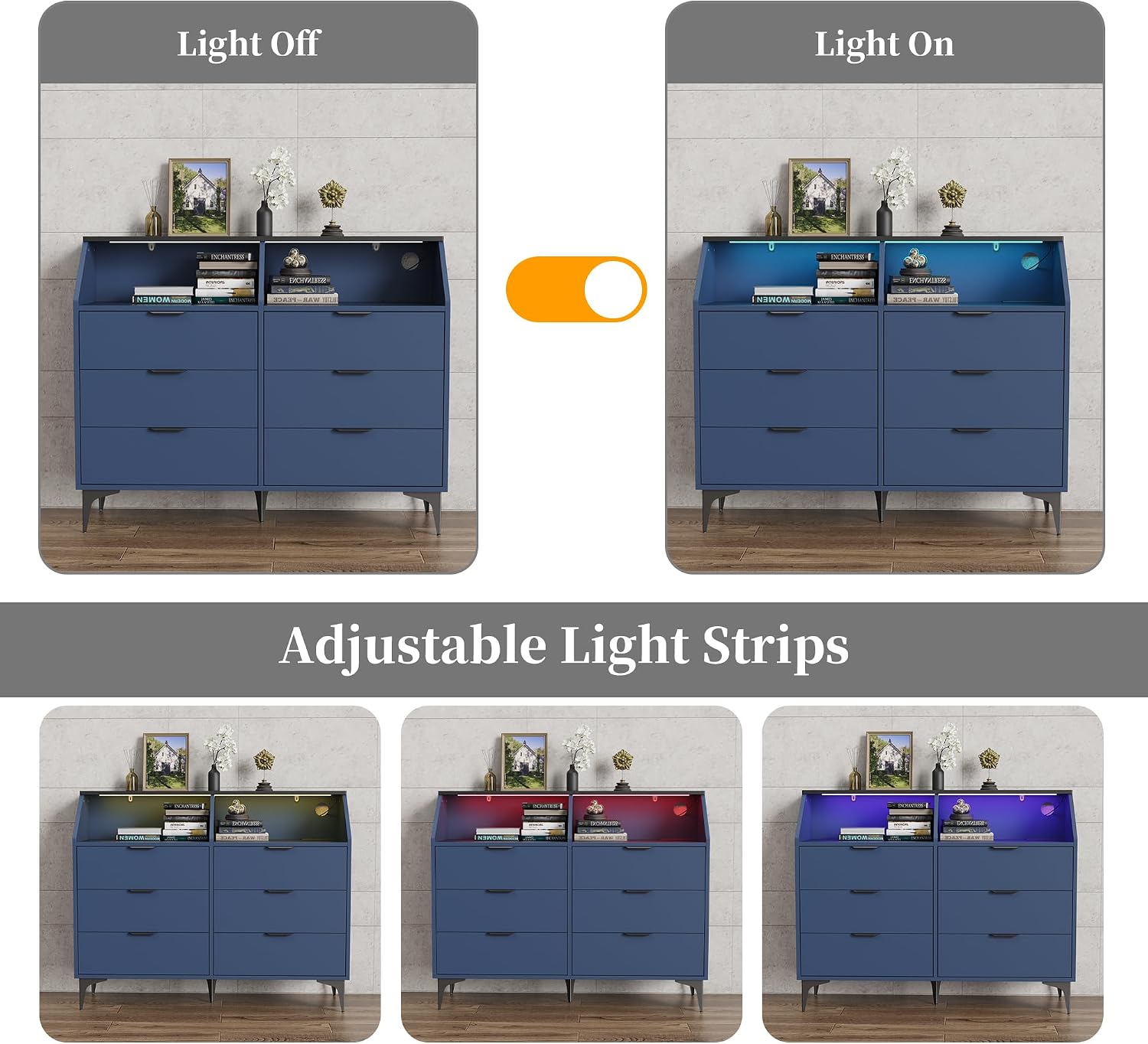 6 Drawer Dresser for Bedroom with Charging Station and LED Lights, Modern Double Dresser, Large Chest of Drawers with Open Space, LED Storage Cabinet for Living Room (Blue-Silver)