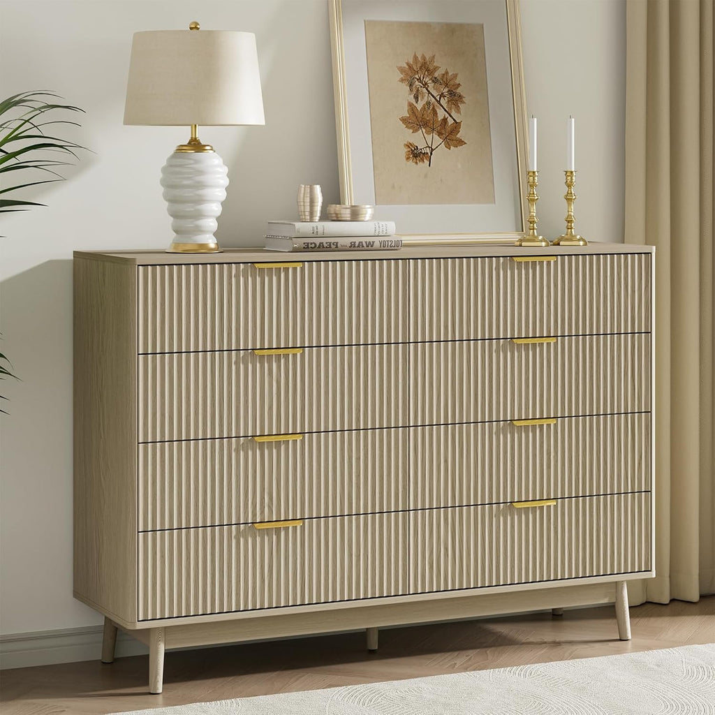 LYNSOM Fluted 8 Drawer Dresser for Bedroom, 55' Wide Modern Chest of Drawers with Curved Profile Design and Metal Handles, Wood Dresser TV Stand & Storage Organizer for Bedroom, Hallway, Beige