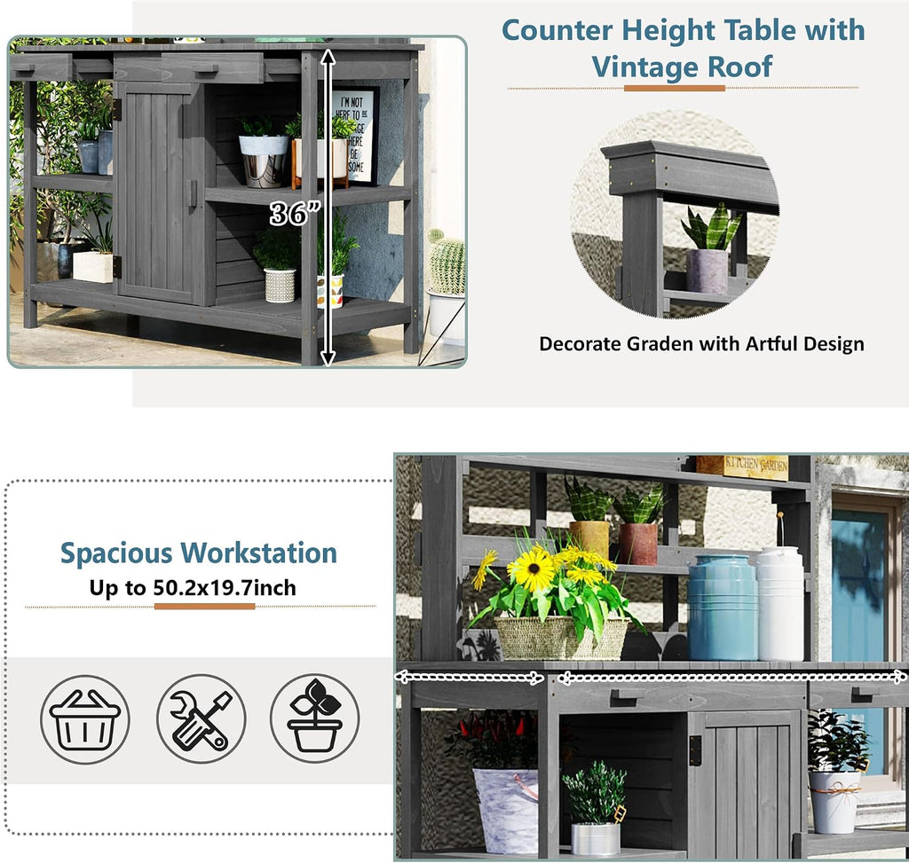 Solid Fir Wood Potting Bench Table - Large Garden Workstation with 2 Drawers, Storage Cabinet & 4-Tier Open Shelves, Heavy Duty Outdoor Prep Table with Anti-Falling Safety Device