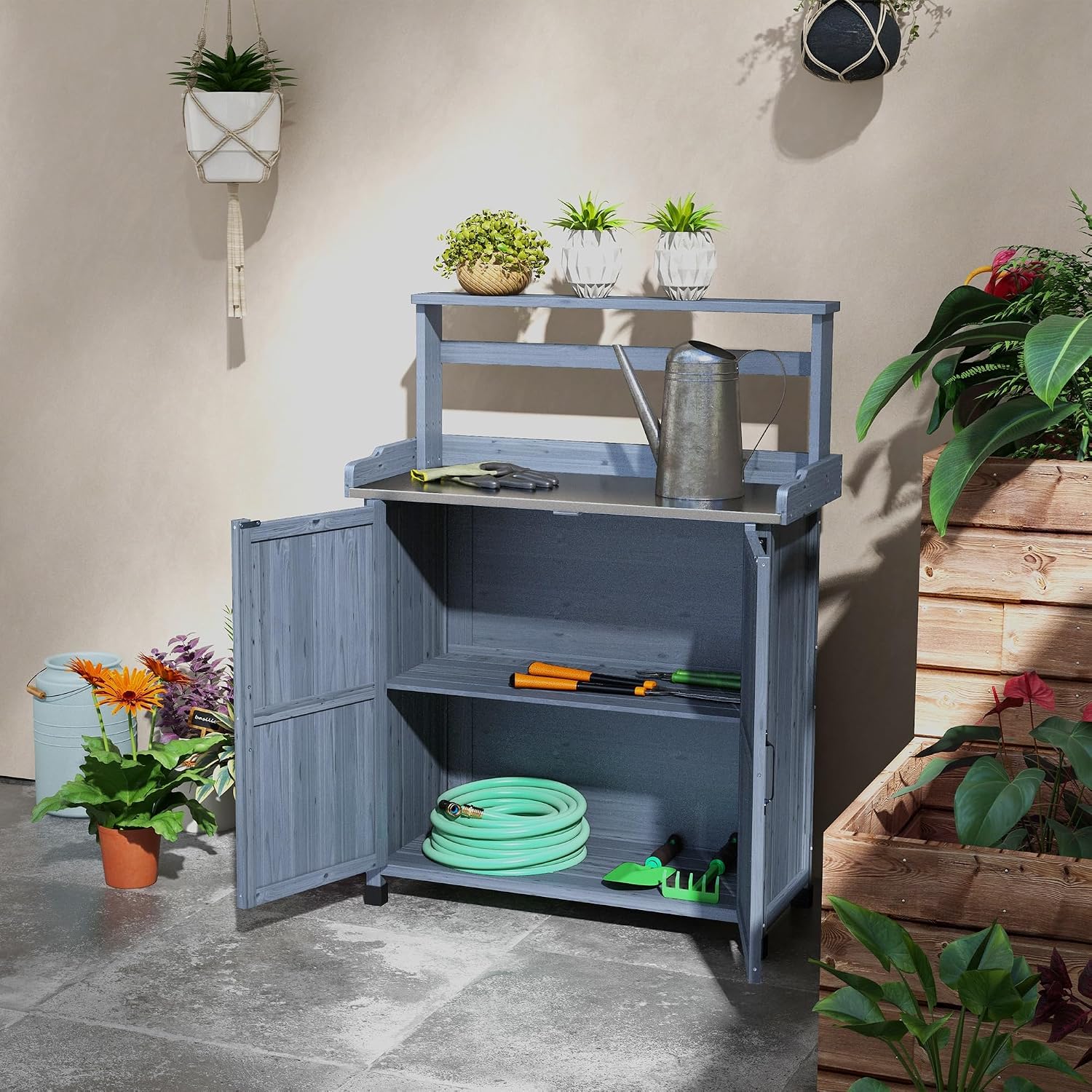 Outdoor Wooden Potting Bench with Cabinet & 2 Shelves – Galvanized Tabletop, Anti-Slip Feet, Weather-Resistant Garden Workstation for Backyard, Balcony, Patio (Gray, 35.75' W)