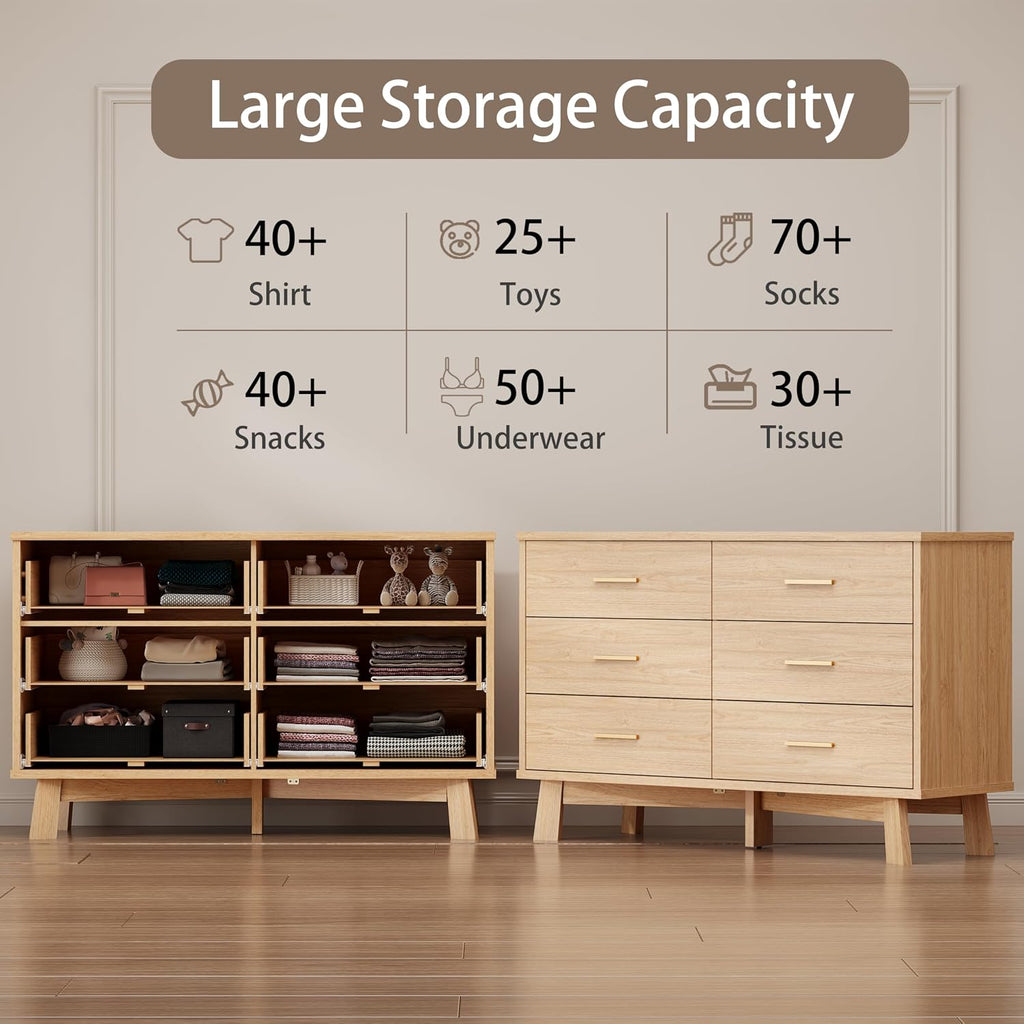 Xixini Dresser for Bedroom, 6 Drawer Wide Modern Chest of Drawers with X-Shaped Sturdy Base, Wood Double Dresser Closet Clothes Storage Organizer, Wooden TV Stand for Living Room, Hallway, Oak