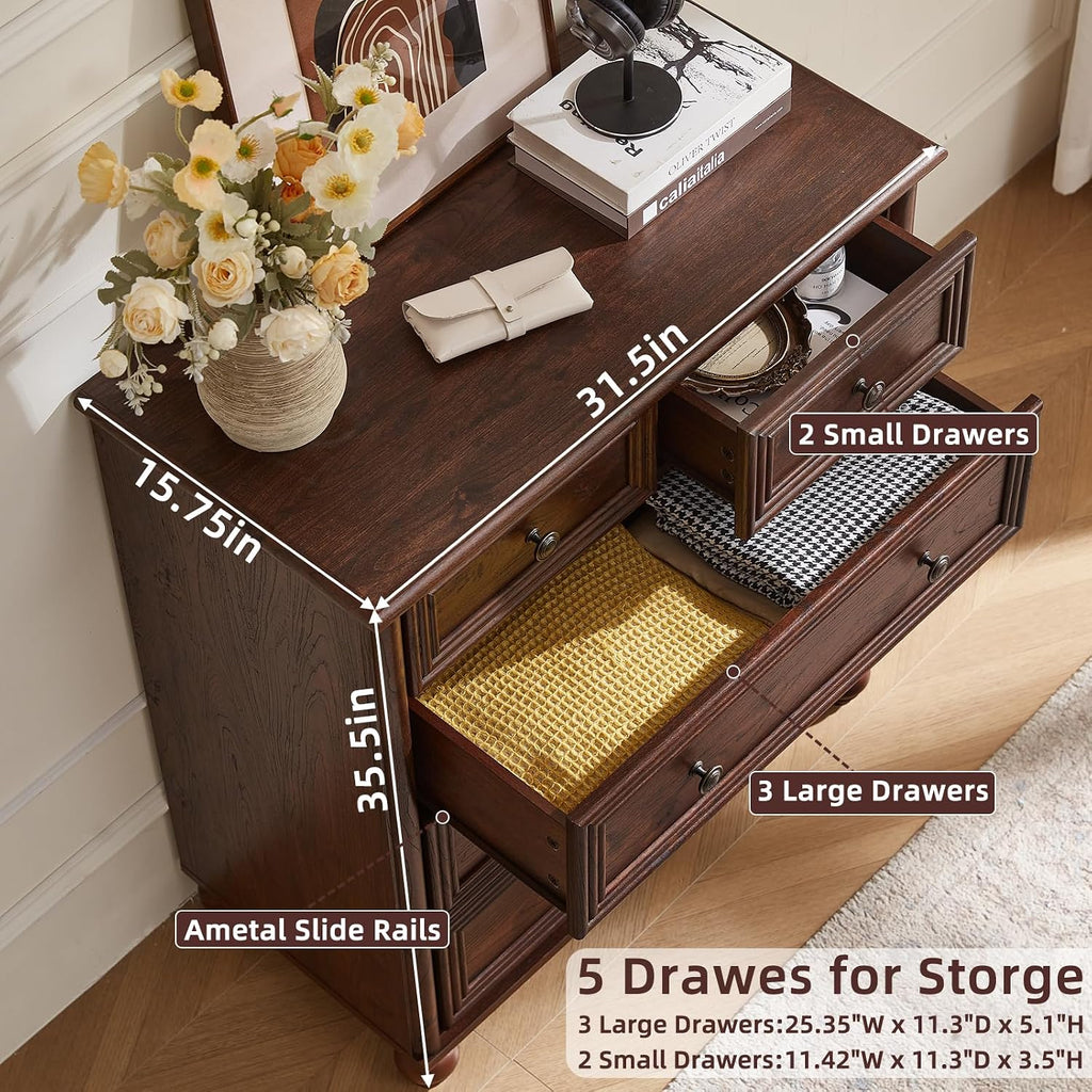 RWYHG Farmhouse 5 Drawer Dresser for Bedroom, 35.5' Walnut Tall Small Dressers & Chest of Drawers, Rustic Wood Dresser with Roman Column, Storage Organizer for Living Room, Hallway, Closet