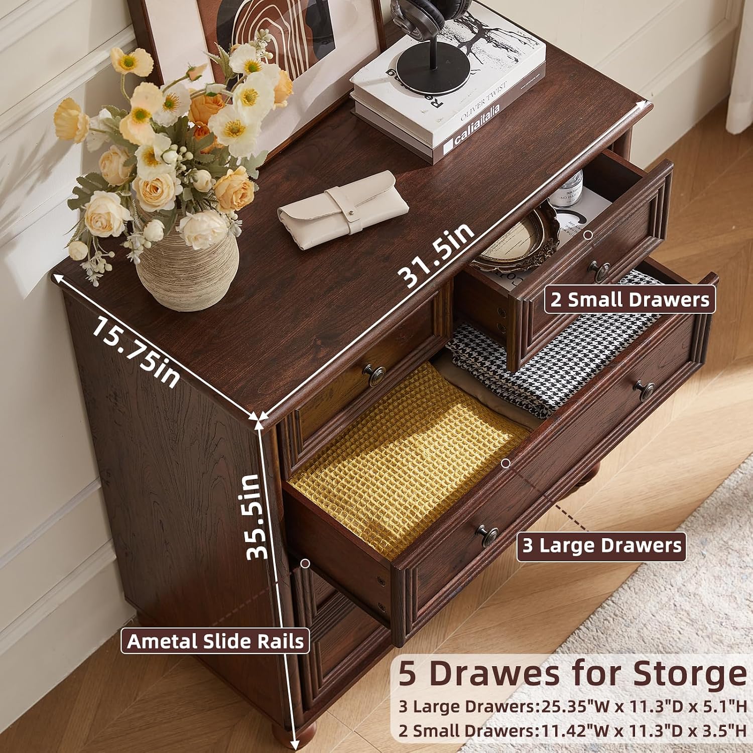 RWYHG Farmhouse 5 Drawer Dresser for Bedroom, 35.5' Walnut Tall Small Dressers & Chest of Drawers, Rustic Wood Dresser with Roman Column, Storage Organizer for Living Room, Hallway, Closet