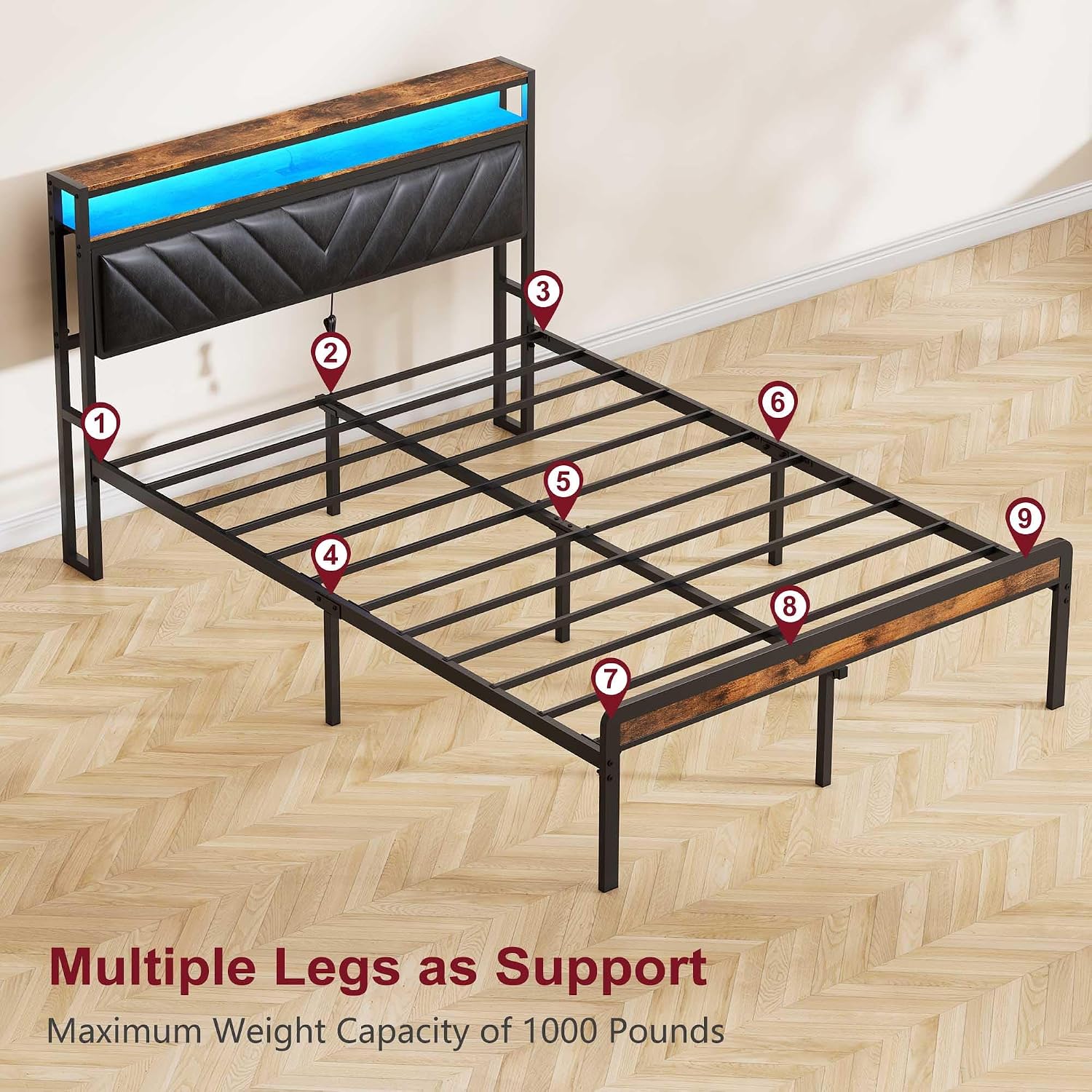 Bellemave Full Size Bed Frame with Charging, Full Bed Frame with Headboard and Charging Station, Brown Platform BedFrame with Led Lightstation, No Box Spring Needed, (Full, Black and Brown)