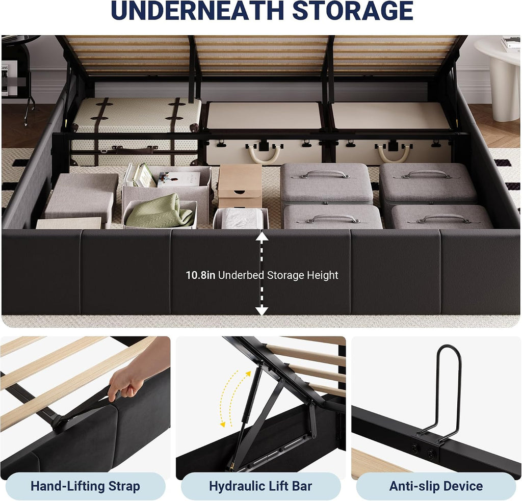 Allewie King Size Velvet Lift Up Storage Bed Frame, Vertical Channel Tufted Headboard, Hydrualic Underneath Storage, Upholstered Platform Bed, Wooden Slats Support, No Box Spring Needed, Black