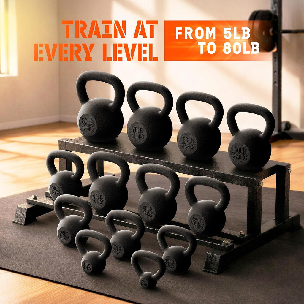 Yes4All Cast Iron Kettlebell, Strength Training Kettlebells 5-80 Lb (5,10,15,20,25,30,35,40,45,50,60,70,80 Lb) for Full Body Workout, Push up, Strength Training - Single & Kettlebell Set of 2 for Men