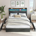 Zevemomo Queen Bed Frame with 4 Storage Drawers, Queen Size Upholstered Bed Frame with Headboard, LED, Charging Station with USB Ports & AC Outlets, Sturdy Metal Slat Support, Noiseless, Gray