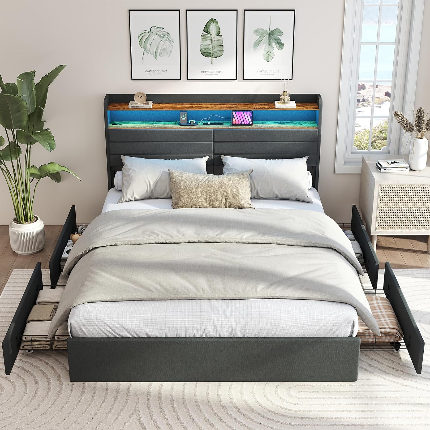 Zevemomo Queen Bed Frame with 4 Storage Drawers, Queen Size Upholstered Bed Frame with Headboard, LED, Charging Station with USB Ports & AC Outlets, Sturdy Metal Slat Support, Noiseless, Gray