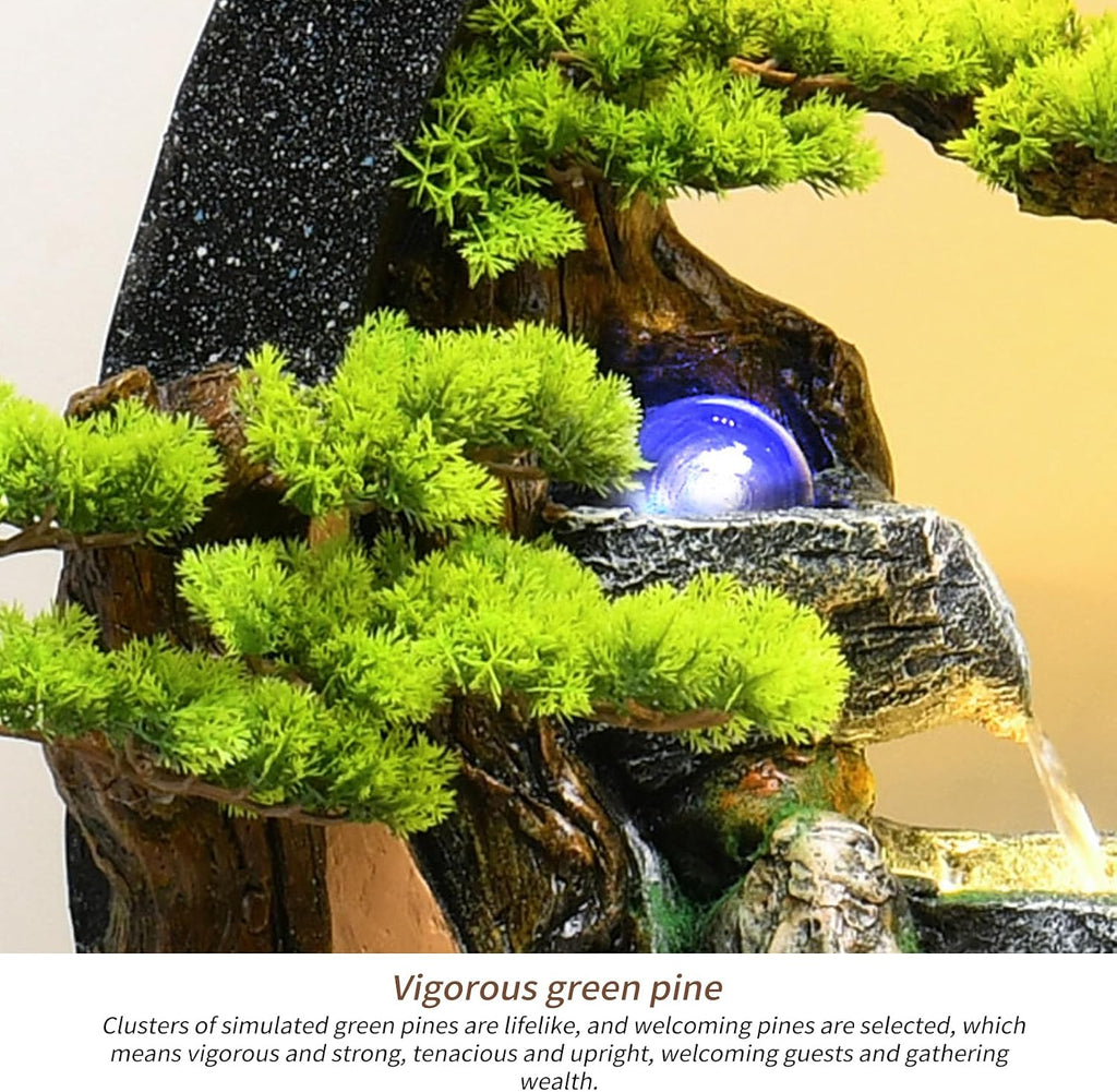 Indoor Outdoor Resin Fountain with LED Light Ring – Round Landscape Waterfall Feature with Pump, Bonsai & Gourd Decor – 6.07ft Tall Large Decorative Water Sculpture(A Large)
