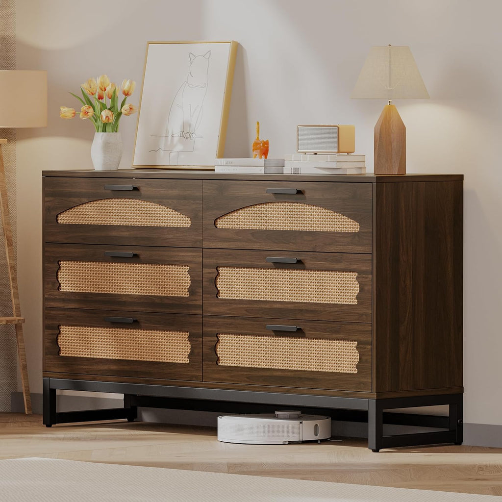 Mericonia 6 Drawer Double Dresser for Bedroom, Rattan Chest of Drawers, Modern Wooden Dresser Chest with Metal Frame for Bedroom, Living Room, Hallway and Entryway, Walnut