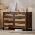 Mericonia 6 Drawer Double Dresser for Bedroom, Rattan Chest of Drawers, Modern Wooden Dresser Chest with Metal Frame for Bedroom, Living Room, Hallway and Entryway, Walnut
