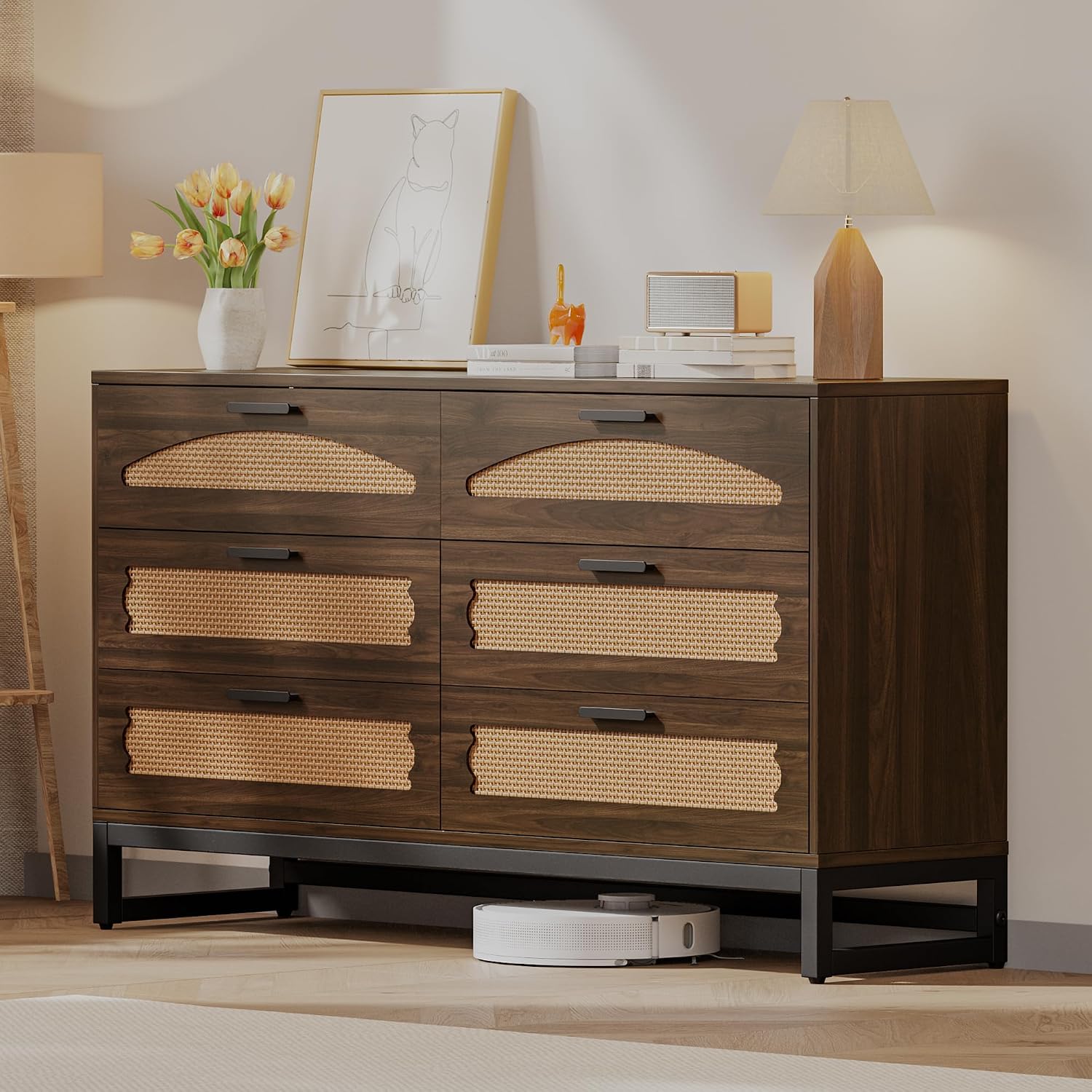 Mericonia 6 Drawer Double Dresser for Bedroom, Rattan Chest of Drawers, Modern Wooden Dresser Chest with Metal Frame for Bedroom, Living Room, Hallway and Entryway, Walnut