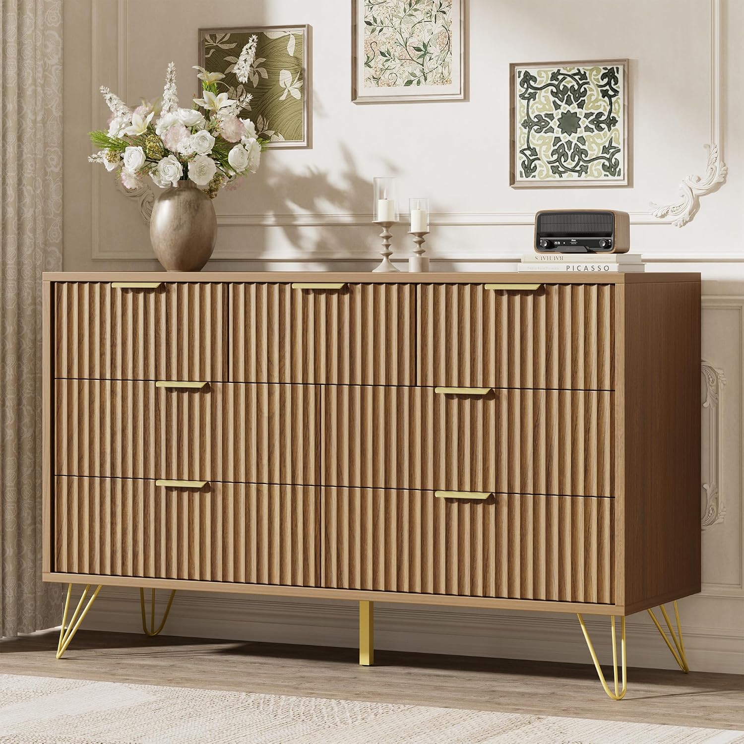 LYNSOM Fluted Dresser for Bedroom, Walnut 7 Drawer Dresser with Gold Handles and Wide Drawers, Wood Chest of Drawers for Bedroom, Hallway(Walnut)