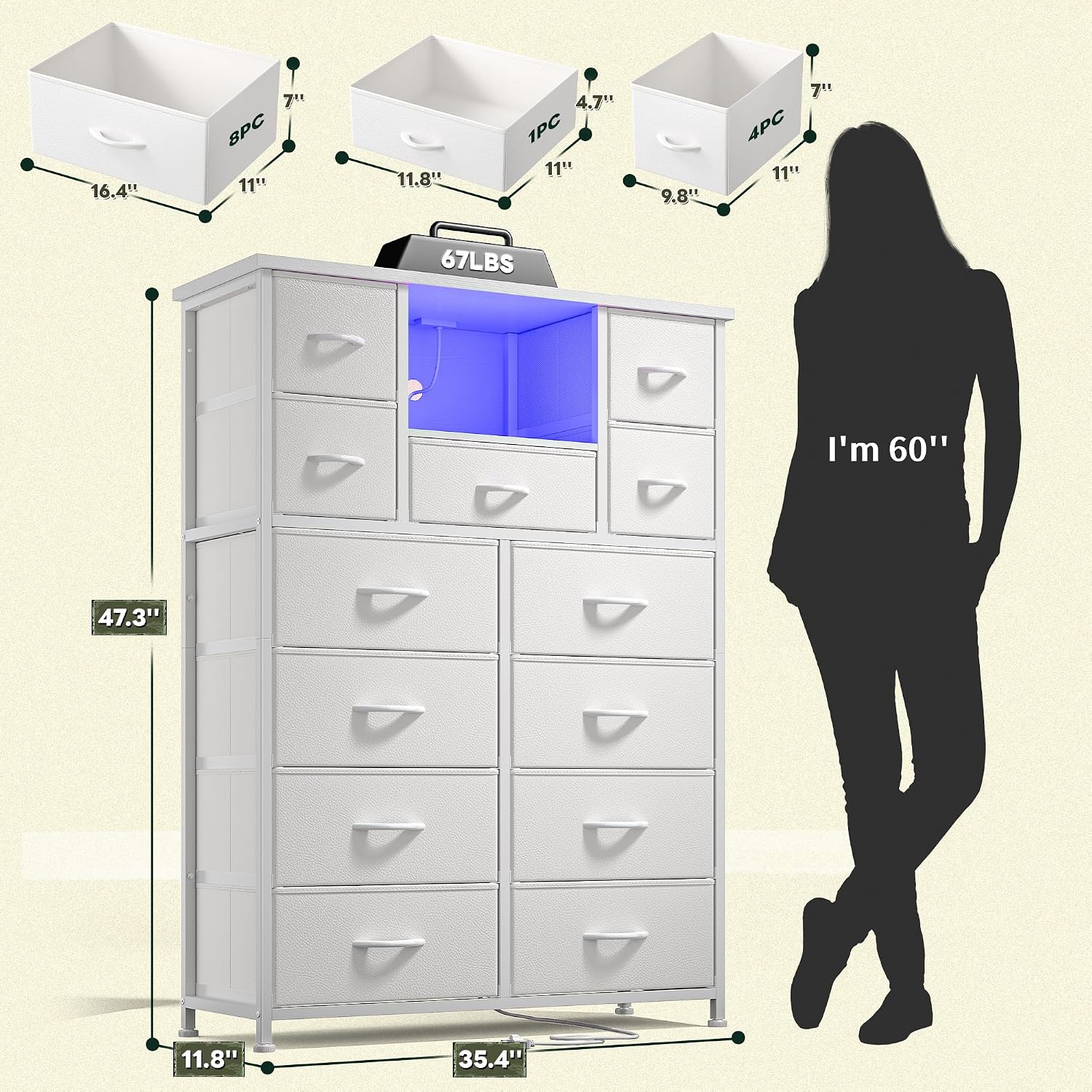 Romorgniz Dresser for Bedroom with 13 Fabric Drawers, White Dresser with LED and 4 Charging Ports and Open Shelves, 47''H Chest of Drawers for Entryway, Hallway