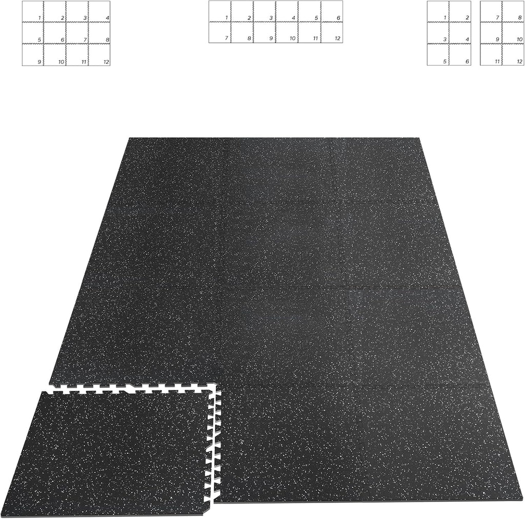 HAPBEAR 0.56'' Thick 12 Pcs 48 Sq Ft Exercise Equipment Mats - High-Density Rubber Top EVA Foam Interlocking Mats, 24x24in Tiles, Heavy-Duty Treadmill Mat for Hardwood Floors, Home Gym Mat