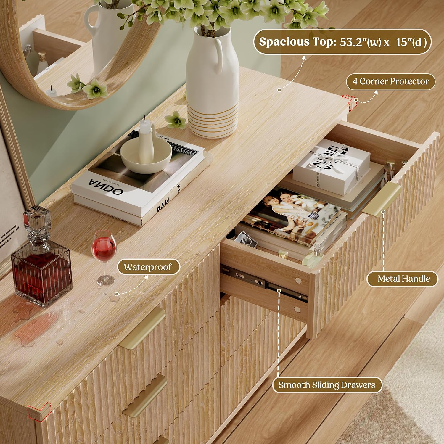 Lulive Dresser for Bedroom Wood Dressers Chest of Drawers, Fluted 53.2' Wide Modern Long Dresser TV Stand 6 Drawers for Bedroom, Closet, Living Room, Hallway (Natural)
