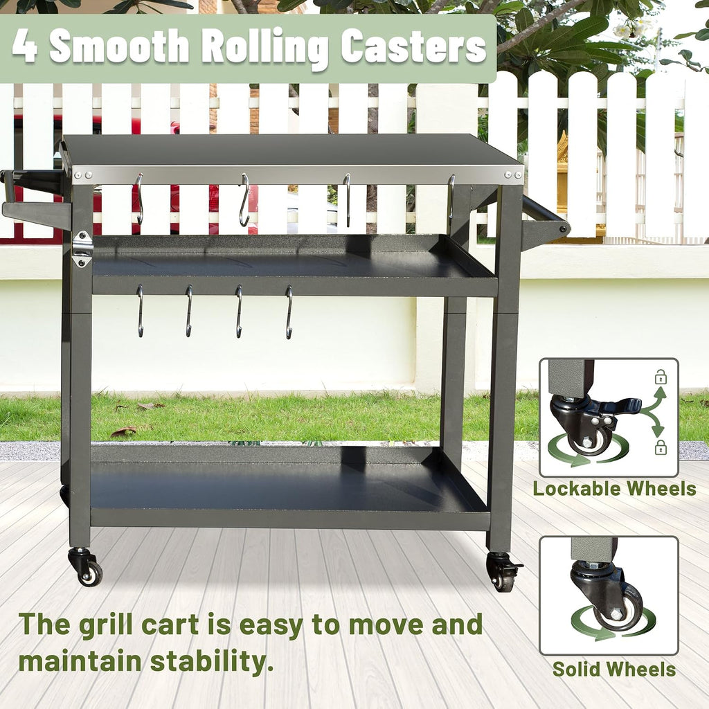 Domi 3-Shelf Outdoor Grill Table, Grill Cart Outdoor with Wheels, Pizza Oven and Food Prep Table, Blackstone with Stainless Steel Tabletop, BBQ Stand for Blackstone Griddle for Outside BBQ