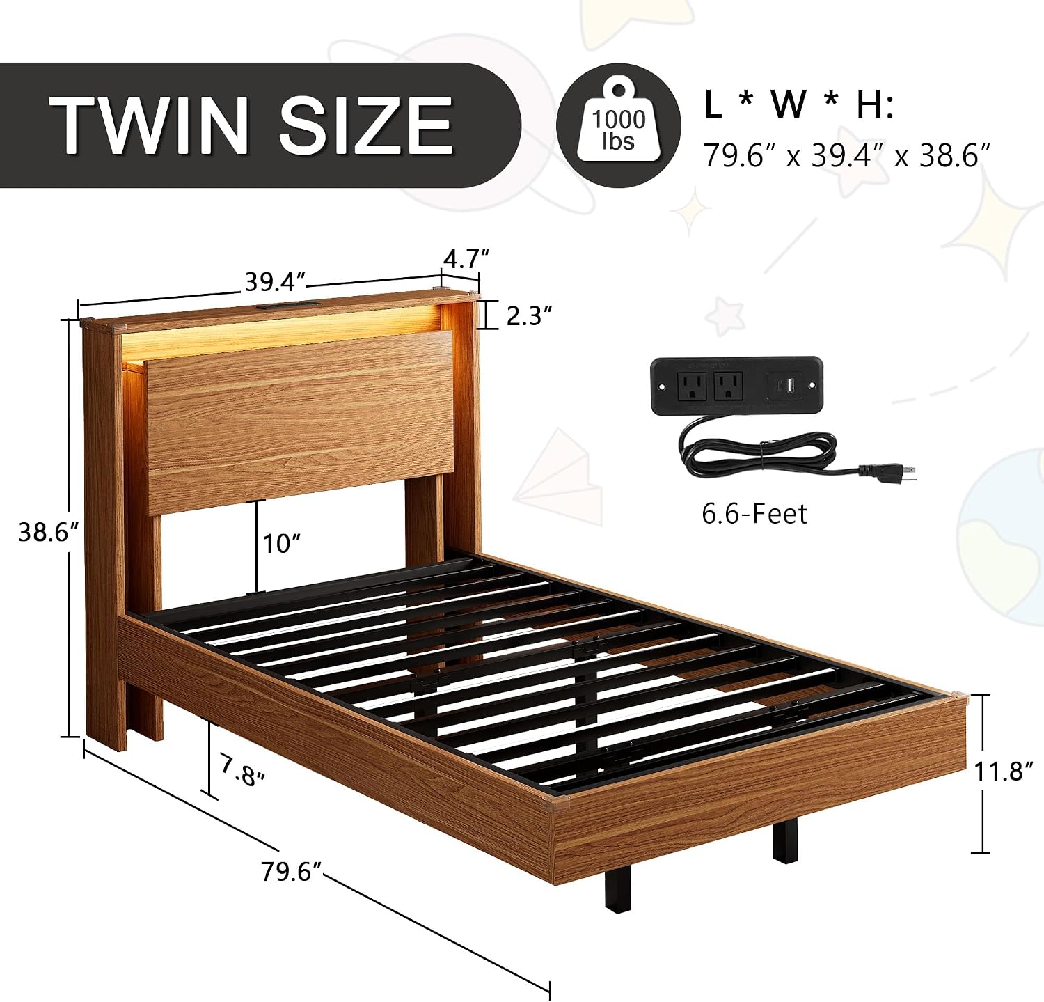 Einhomn Twin Bed Frame with Storage Headboard & LED Lights – Wood Floating Bed Frame with Charging Station, Non-Slip Slat, Kick-Free & Noise-Free Design, Easy Assembly, Walnut