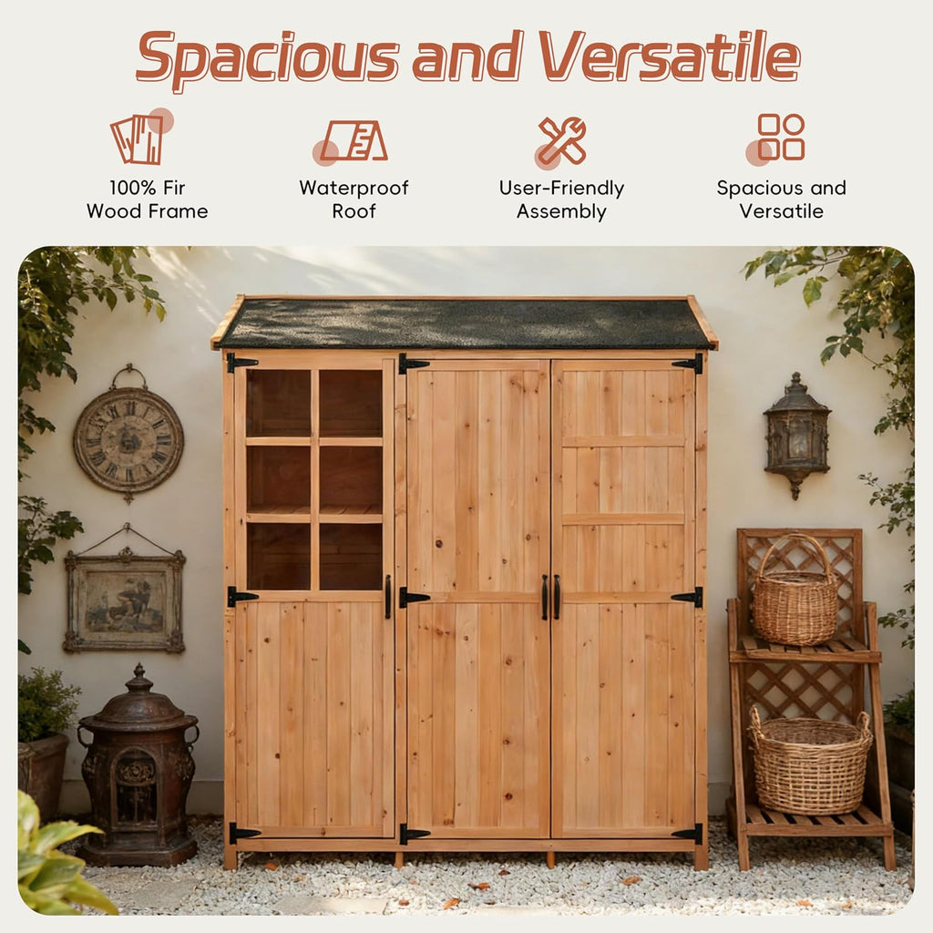 Outdoor Garden Storage Shed with Waterproof Roof, Farmhouse Potting Bench Table with 3 Doors Cabinets, 7 Storage Shelves, 2 Drawers, and 6 Hooks,Natural