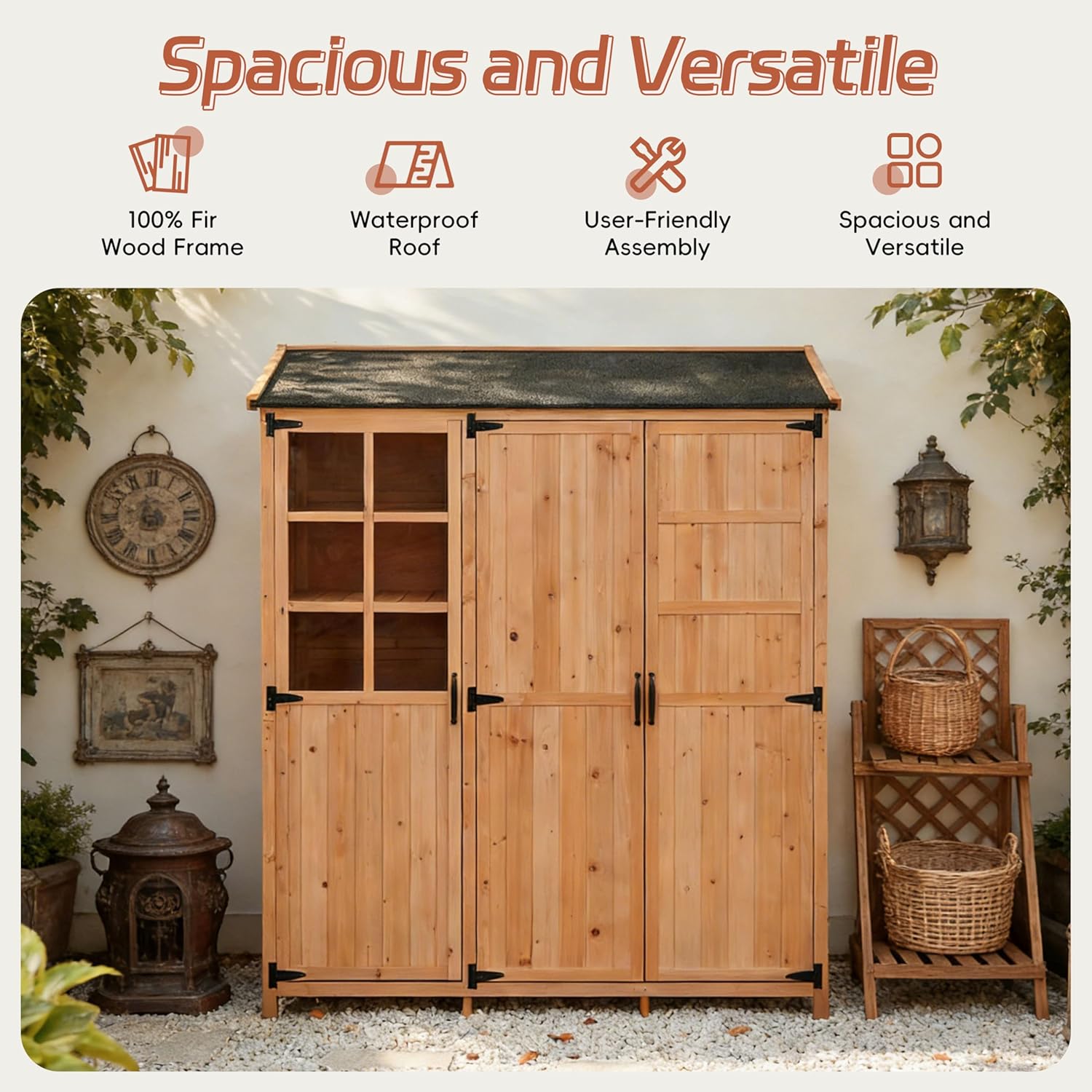 Outdoor Potting Bench Large Wood Garden Storage Cabinet with Waterproof Roof 3-Door Potting Table for Backyard Patio and Garden Organization,Natural